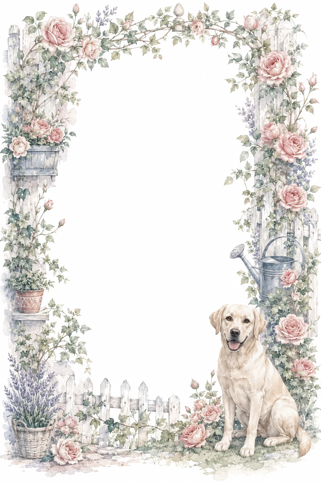 Watercolor border page featuring a Labrador in a garden setting, with a blank center and no text or watermark.