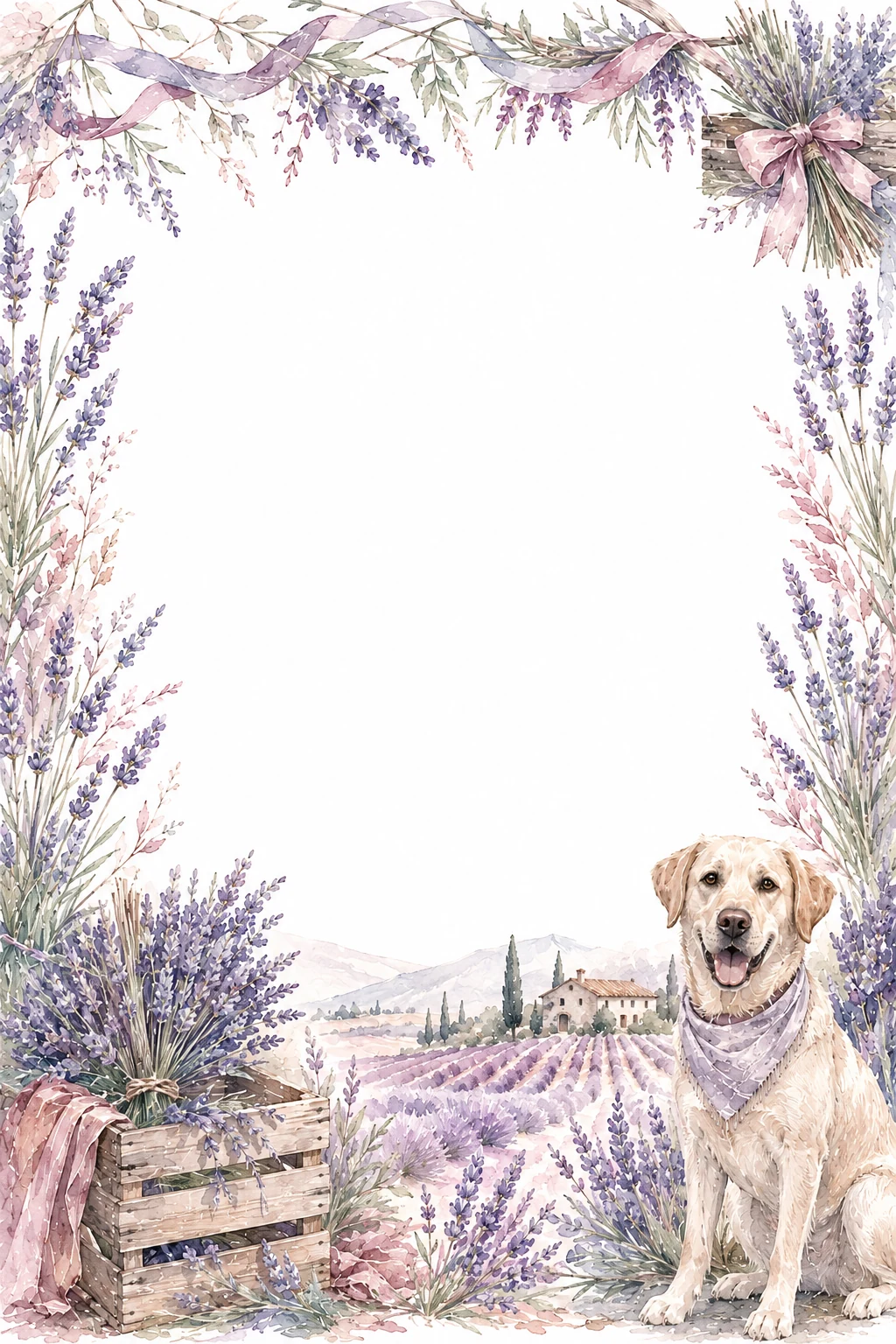 Watercolor border page featuring a Labrador in a lavender field setting, with a blank center and no text or watermark.