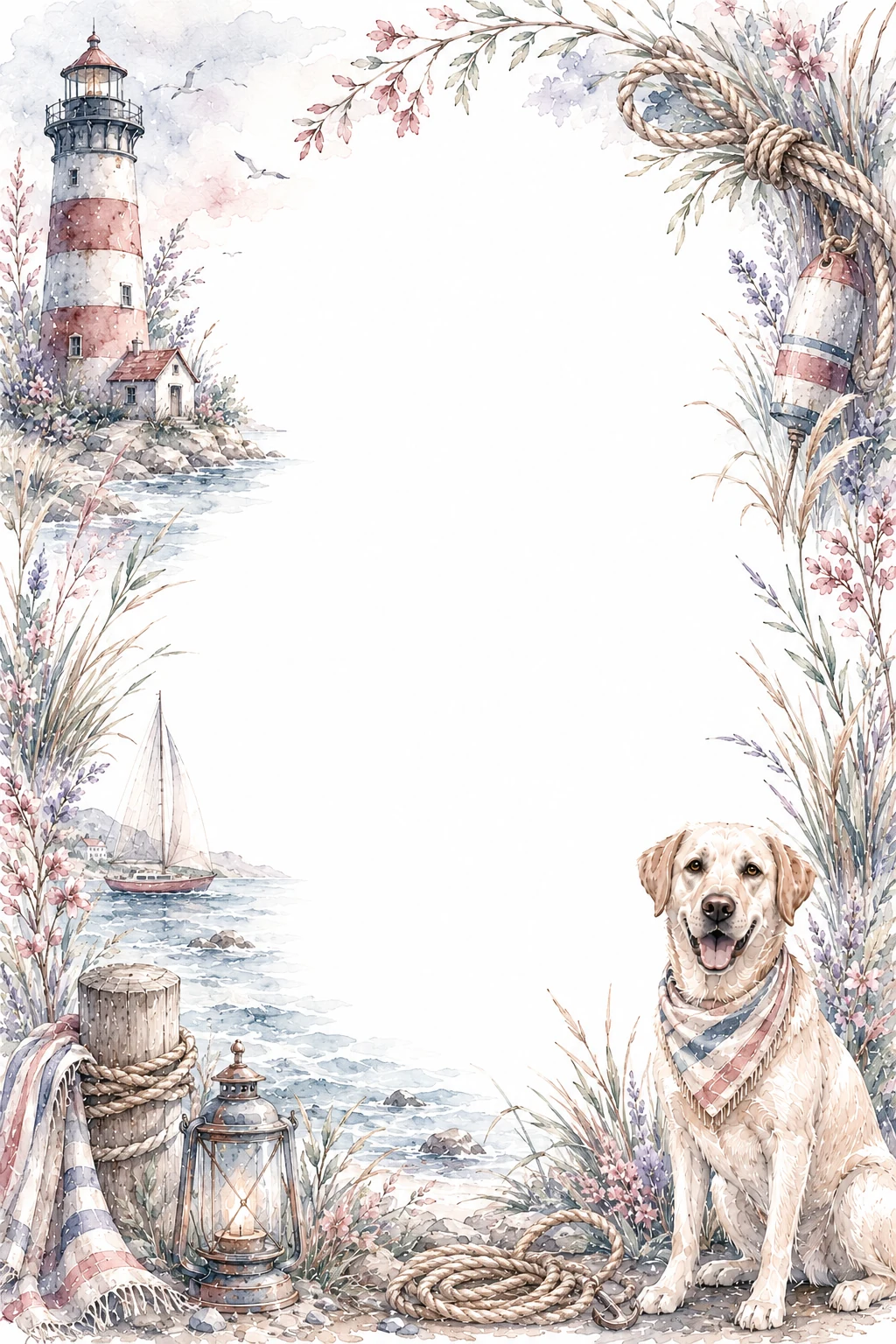 Watercolor border page featuring a Labrador in a lighthouse setting, with a blank center and no text or watermark.