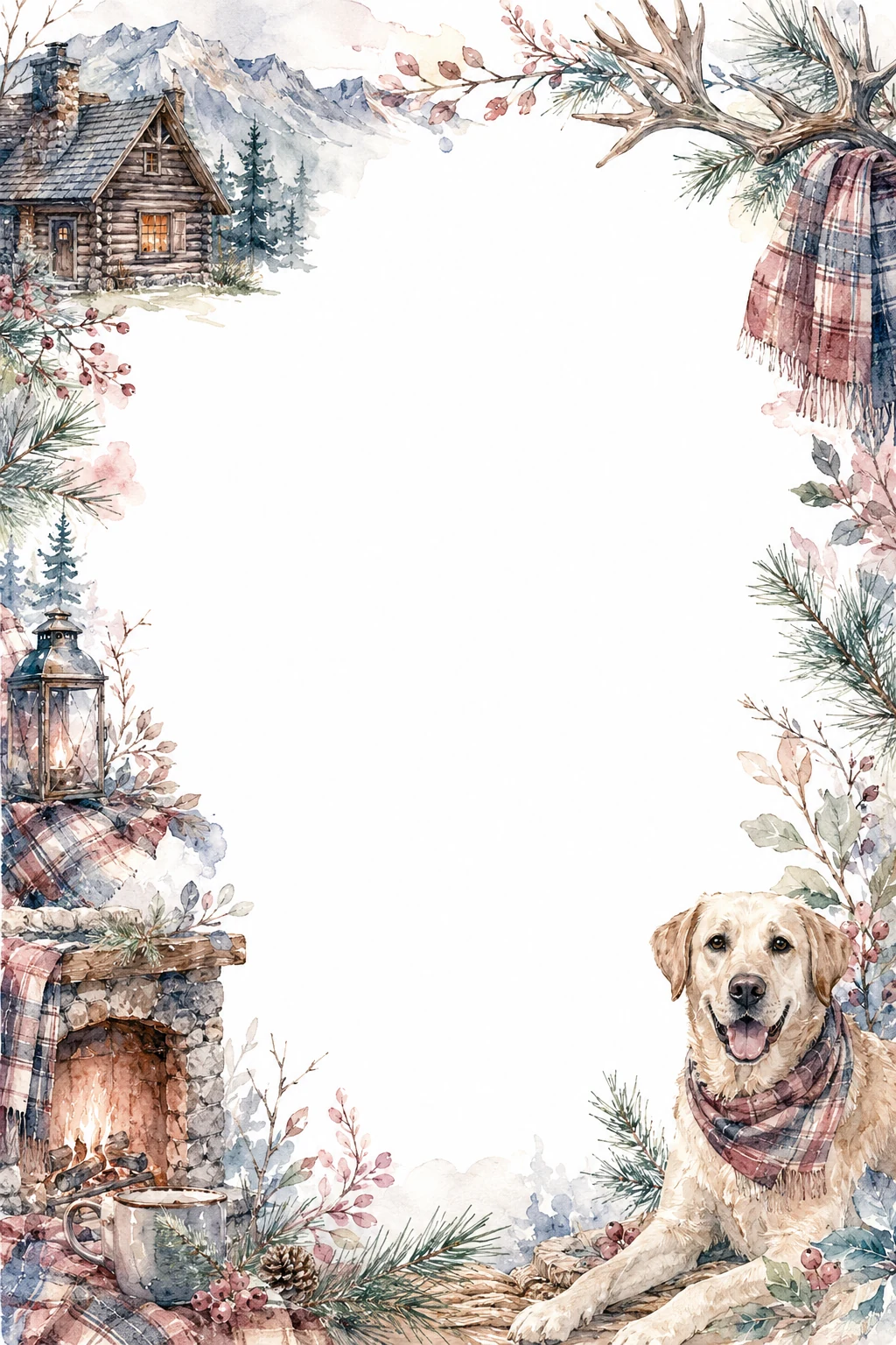 Watercolor border page featuring a Labrador in a mountain lodge setting, with a blank center and no text or watermark.