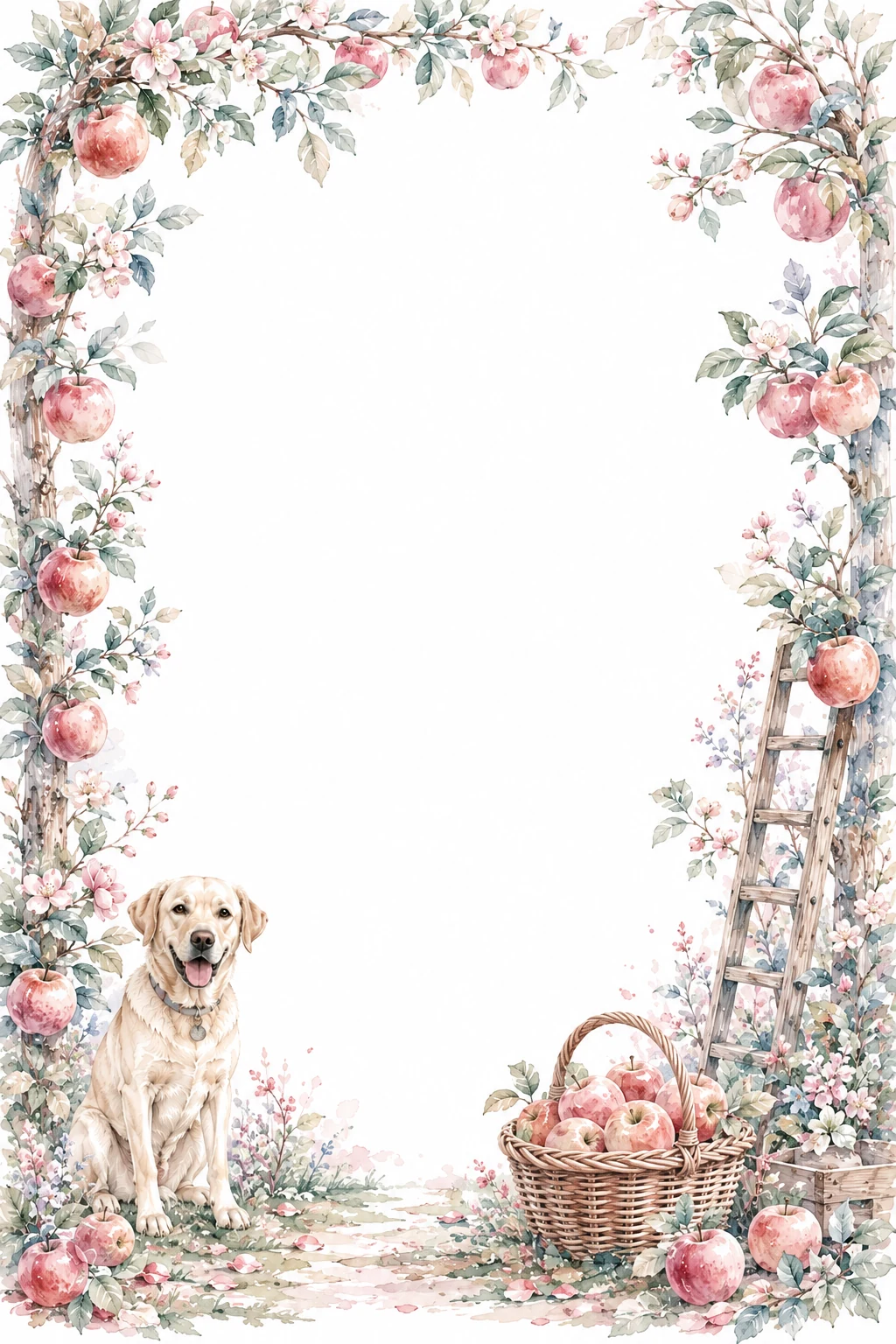 Watercolor border page featuring a Labrador in a orchard setting, with a blank center and no text or watermark.