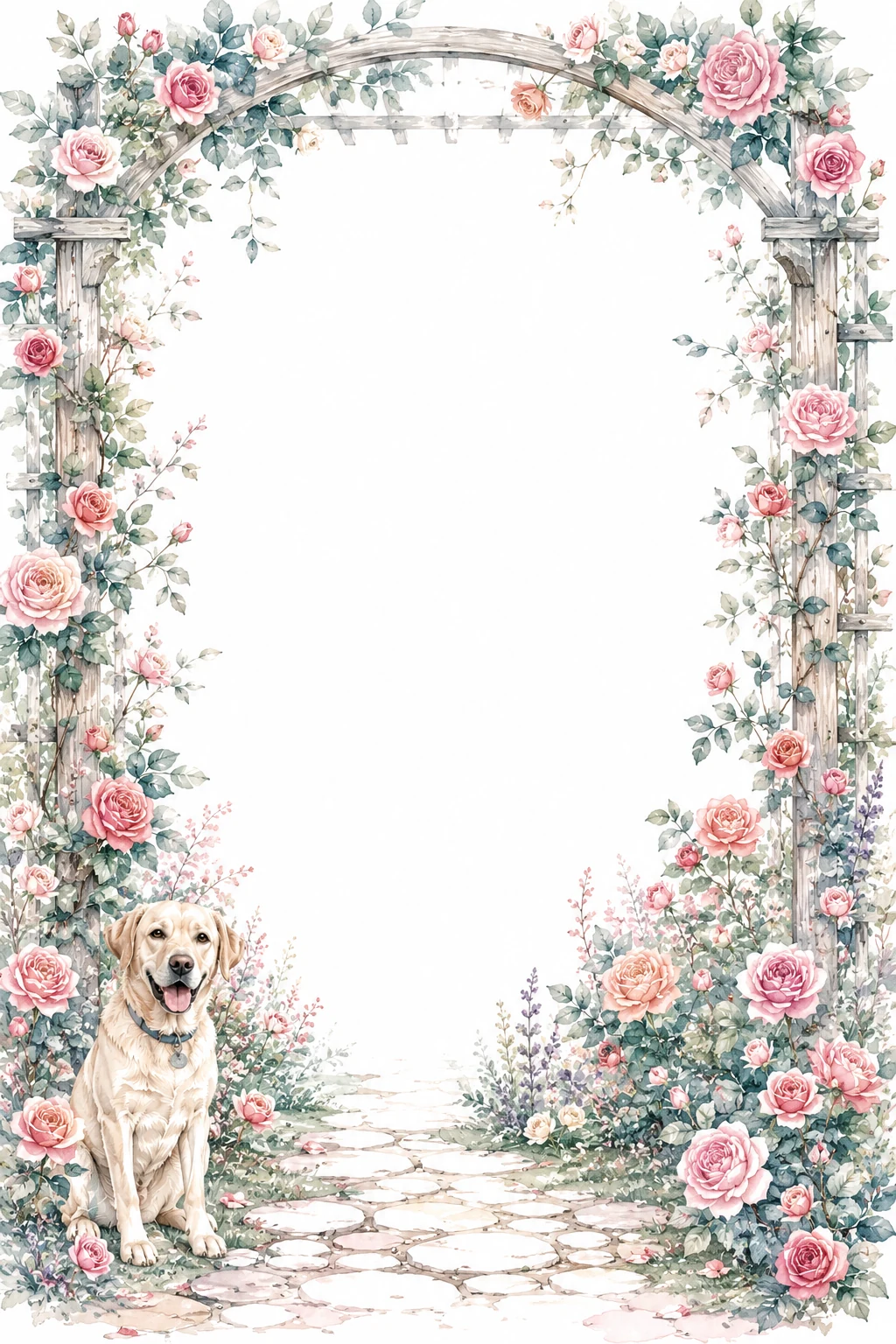 Watercolor border page featuring a Labrador in a rose trellis setting, with a blank center and no text or watermark.