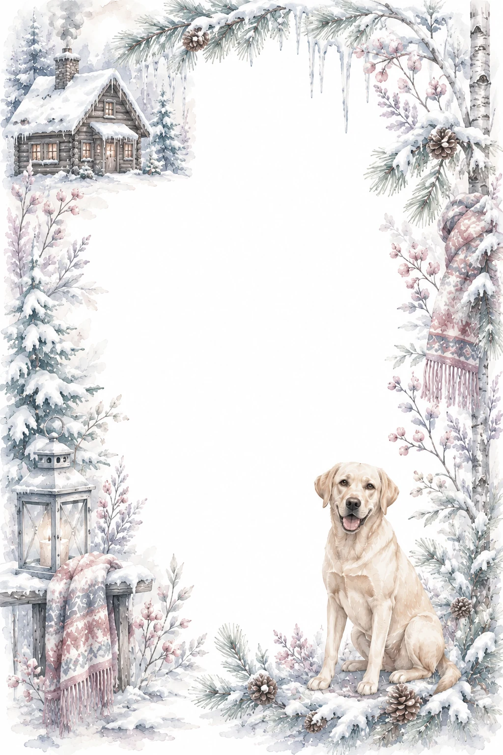 Watercolor border page featuring a Labrador in a snow cabin setting, with a blank center and no text or watermark.