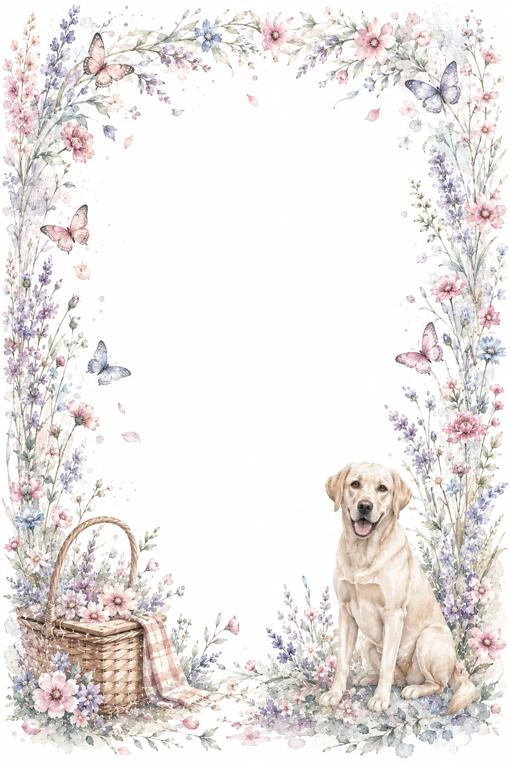 Watercolor border page featuring a Labrador in a spring meadow setting, with a blank center and no text or watermark.