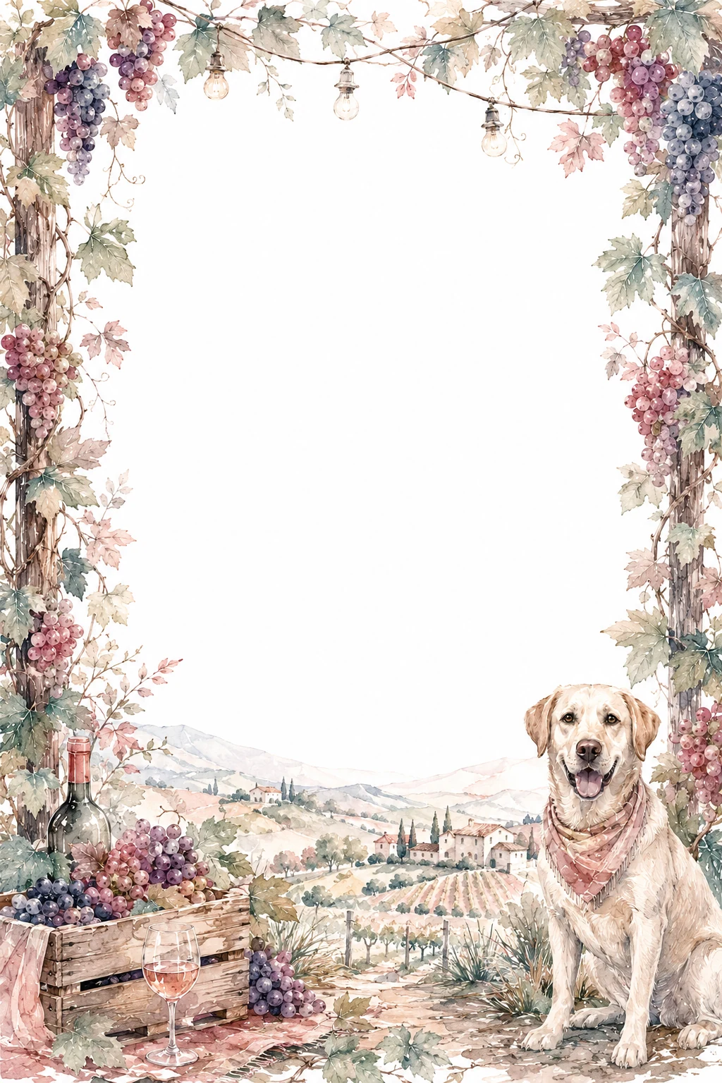 Watercolor border page featuring a Labrador in a vineyard setting, with a blank center and no text or watermark.