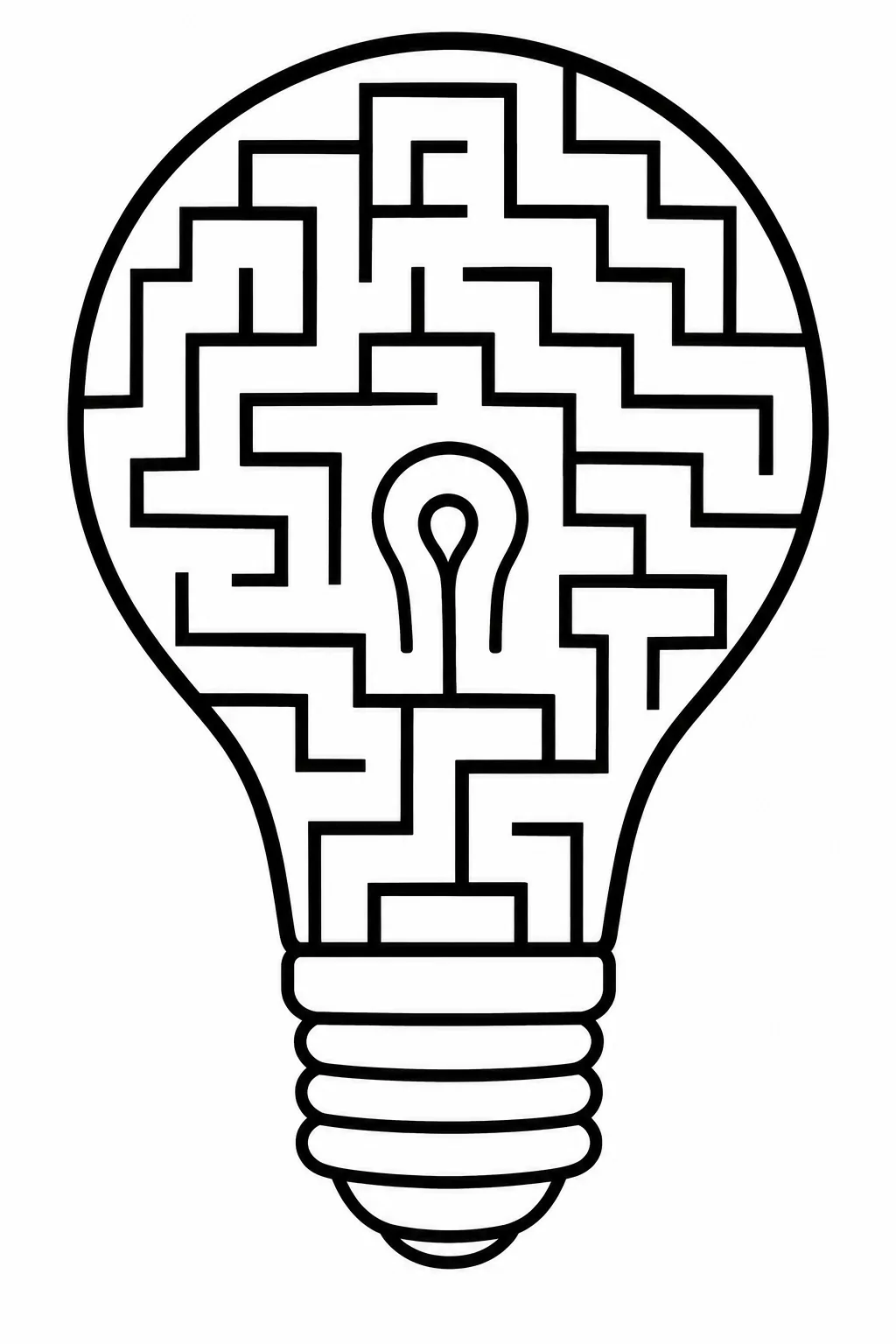 Intricate labyrinth maze puzzle design structured inside the silhouette of a light bulb.