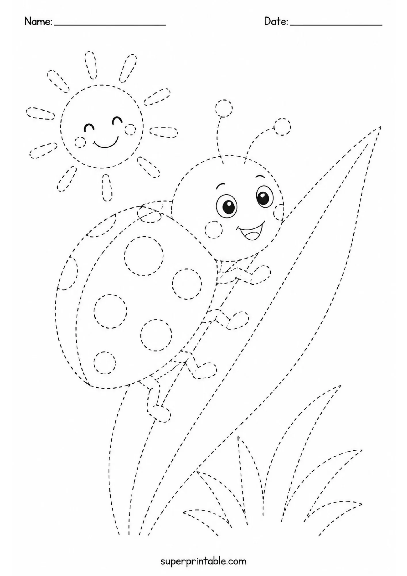 Printable ladybug on a leaf activity page with dashed lines for preschool tracing practice.