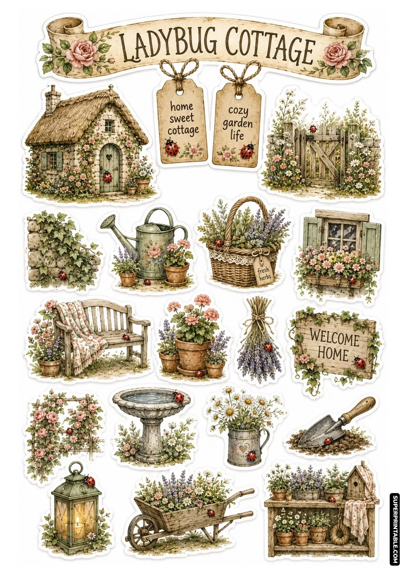 Cottagecore garden sticker sheet with thatched stone cottage, wheelbarrow planters, birdbaths, and ladybugs.