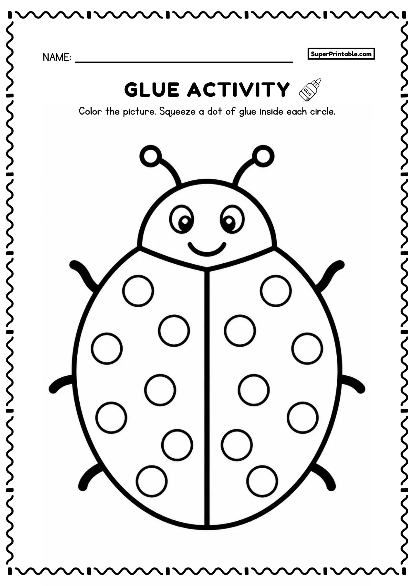 Printable ladybug dot glue insects worksheet with round shape and symmetrical dot circles for kids