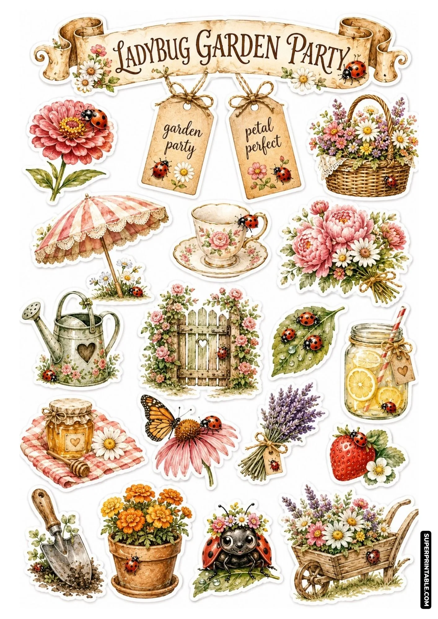Charming garden party sticker sheet featuring ladybugs, teacups, pink peonies, and outdoor summer party motifs.