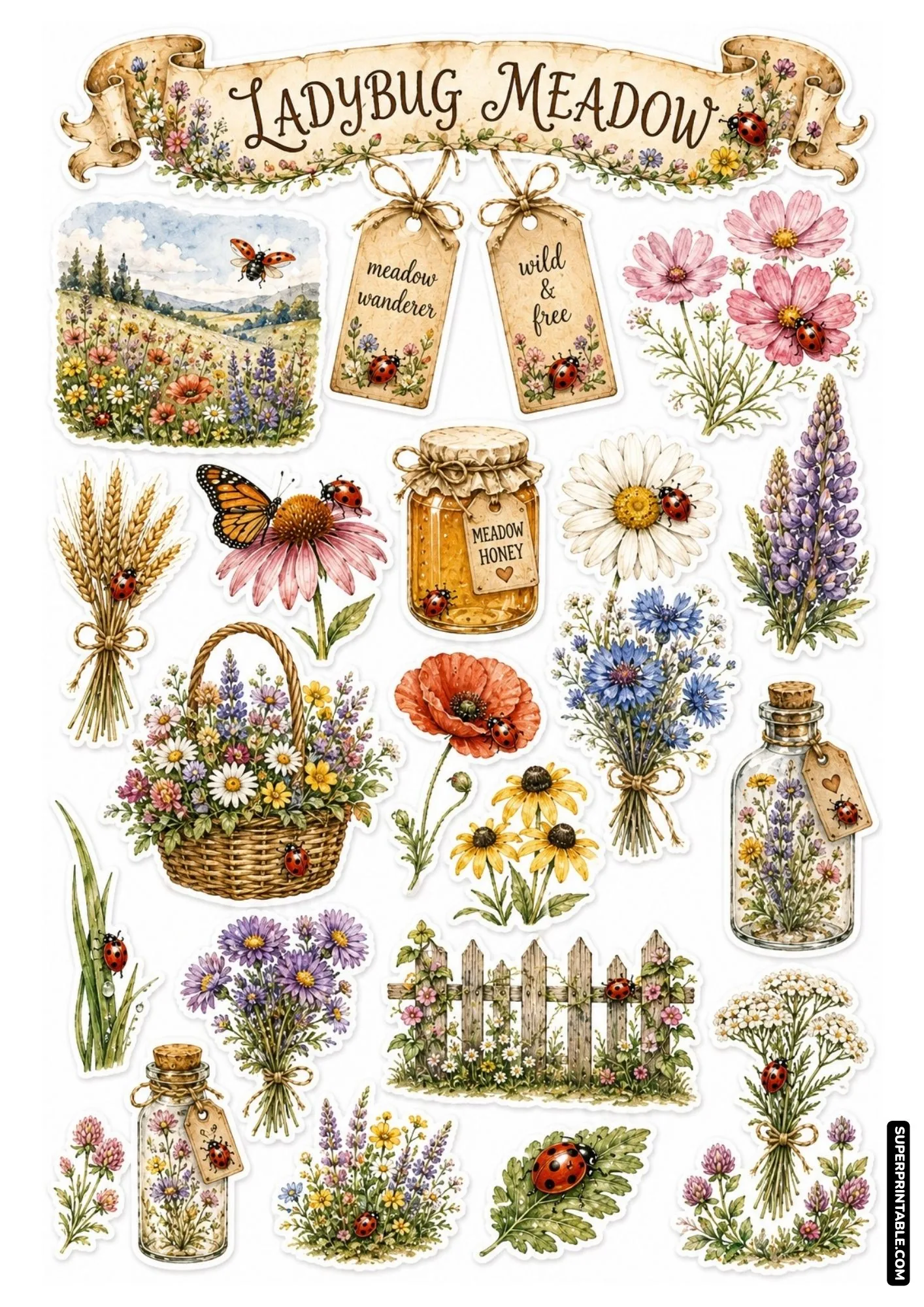 Wildflower meadow sticker sheet showcasing red ladybugs, colorful meadow blossoms, honey jars, and rustic picket fence.