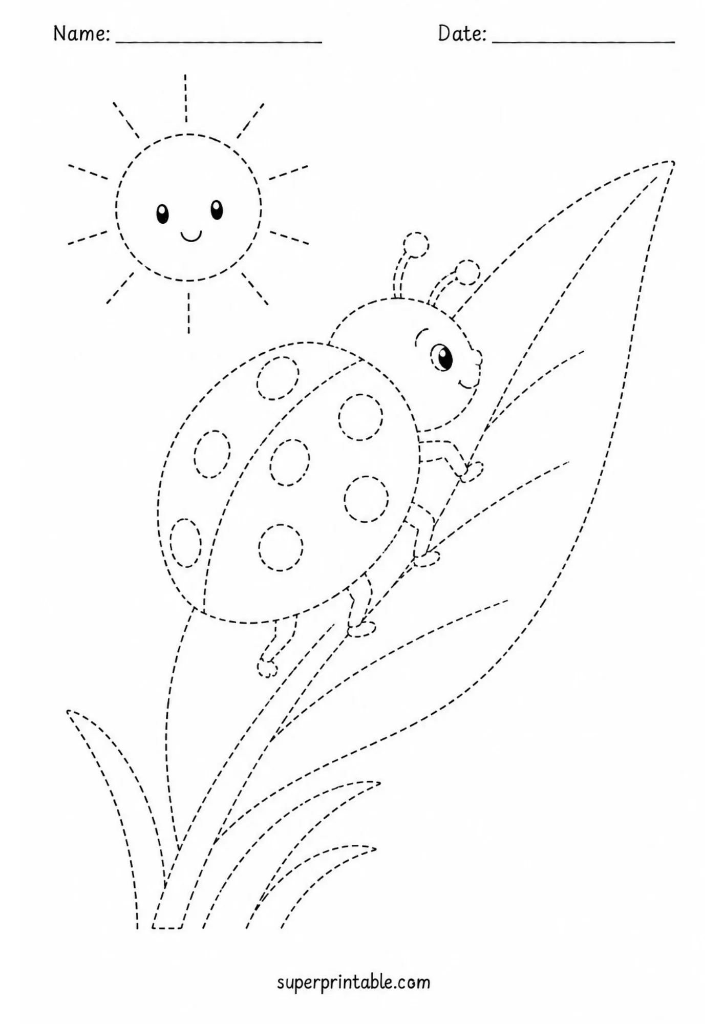 Tracing worksheet with a smiling sun watching a spotted ladybug crawl up a garden leaf.
