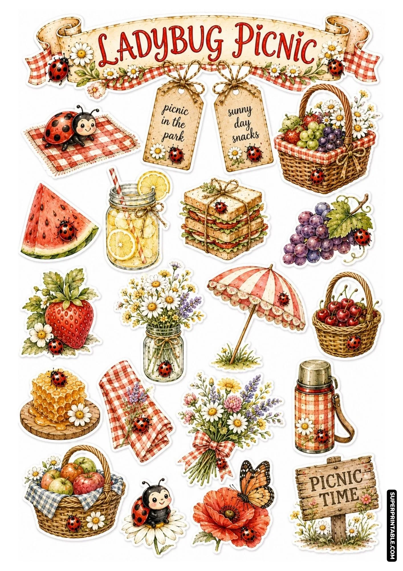 Outdoor summer picnic sticker sheet featuring ladybugs, red gingham pattern, watermelon, lemonade, and fruit baskets.