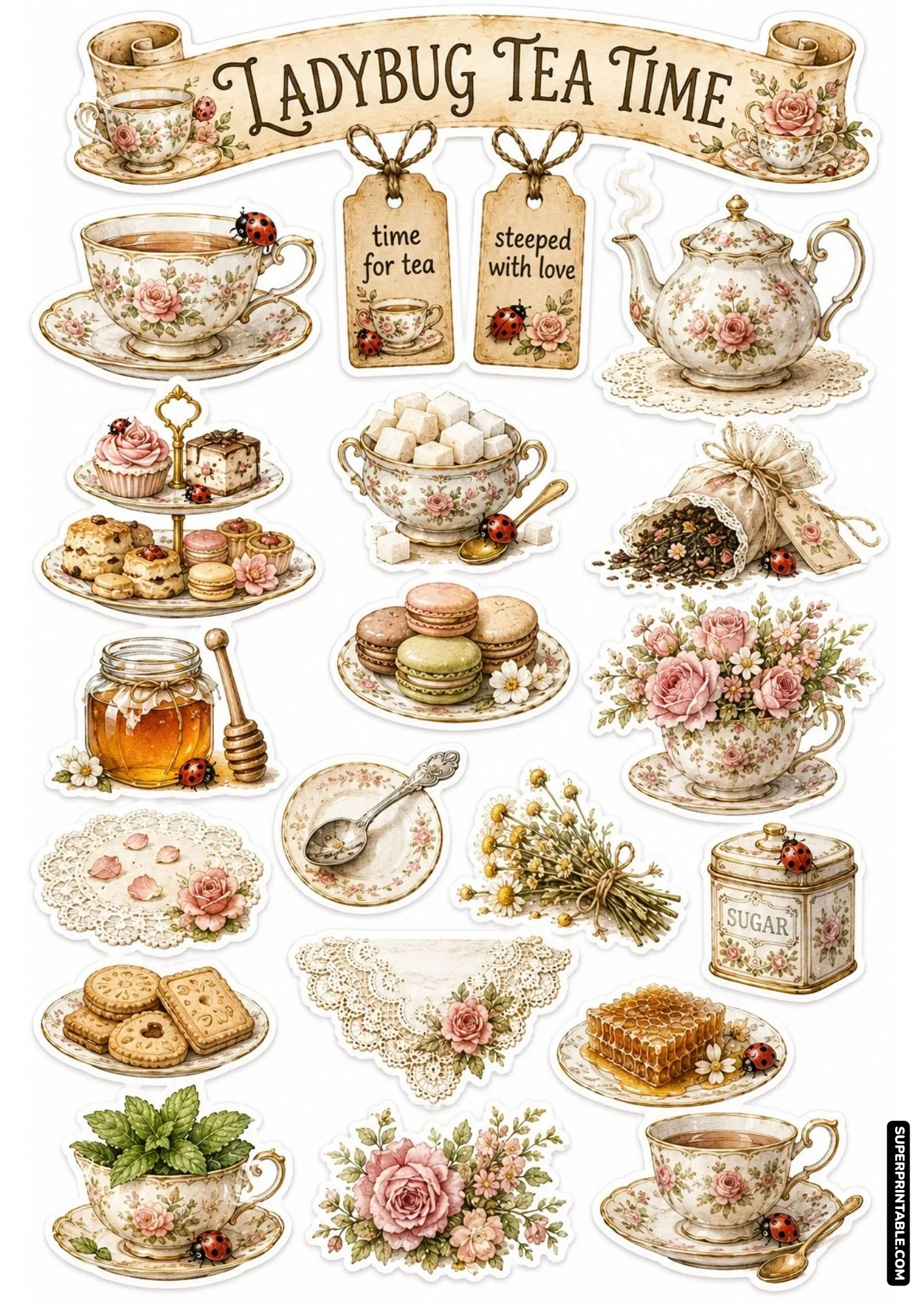 Vintage afternoon tea sticker sheet featuring ladybugs, china teacups, rose teapots, macarons, and honey jars.
