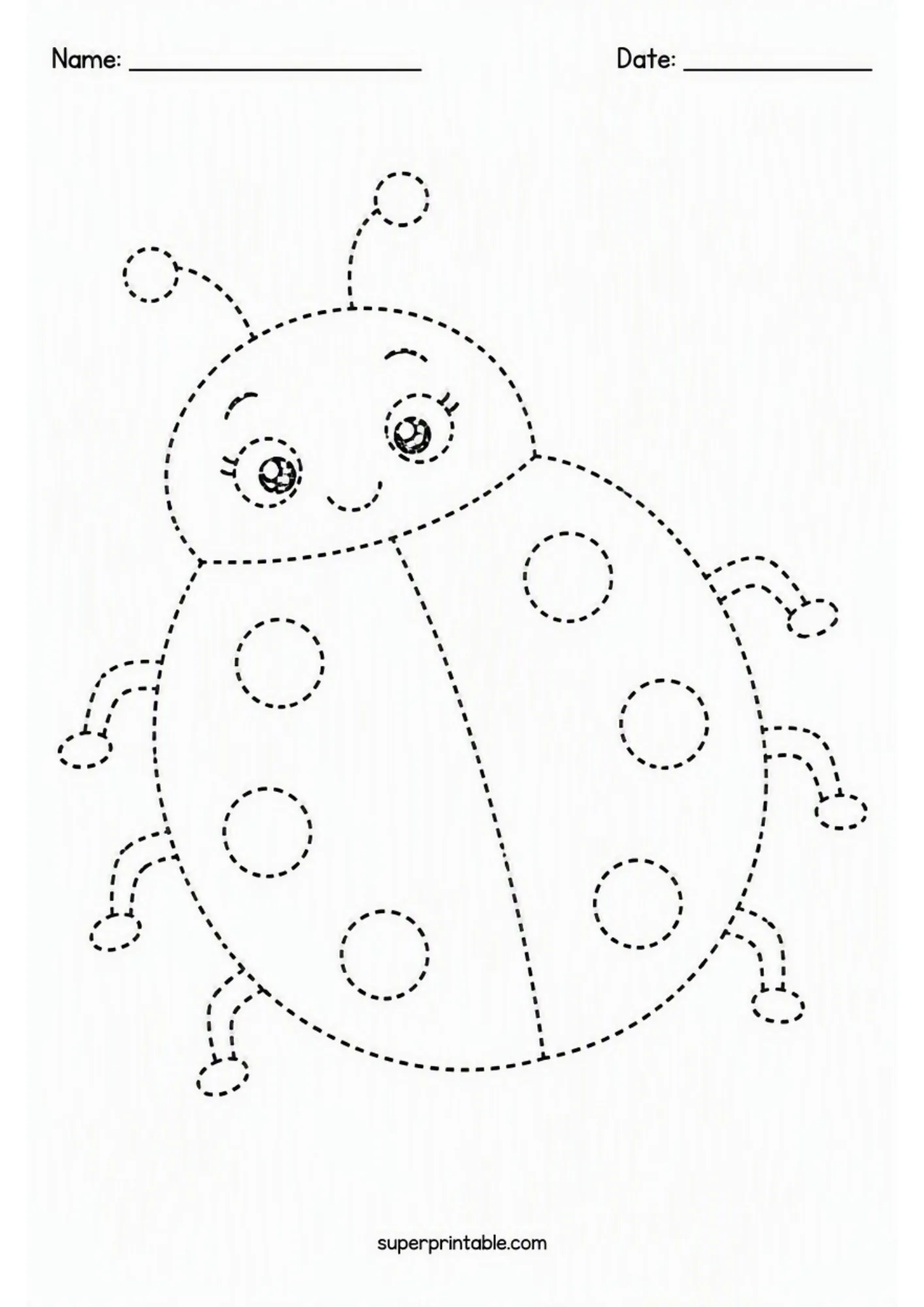Cute ladybug tracing sheet from the garden bugs and insects activity worksheets collection.