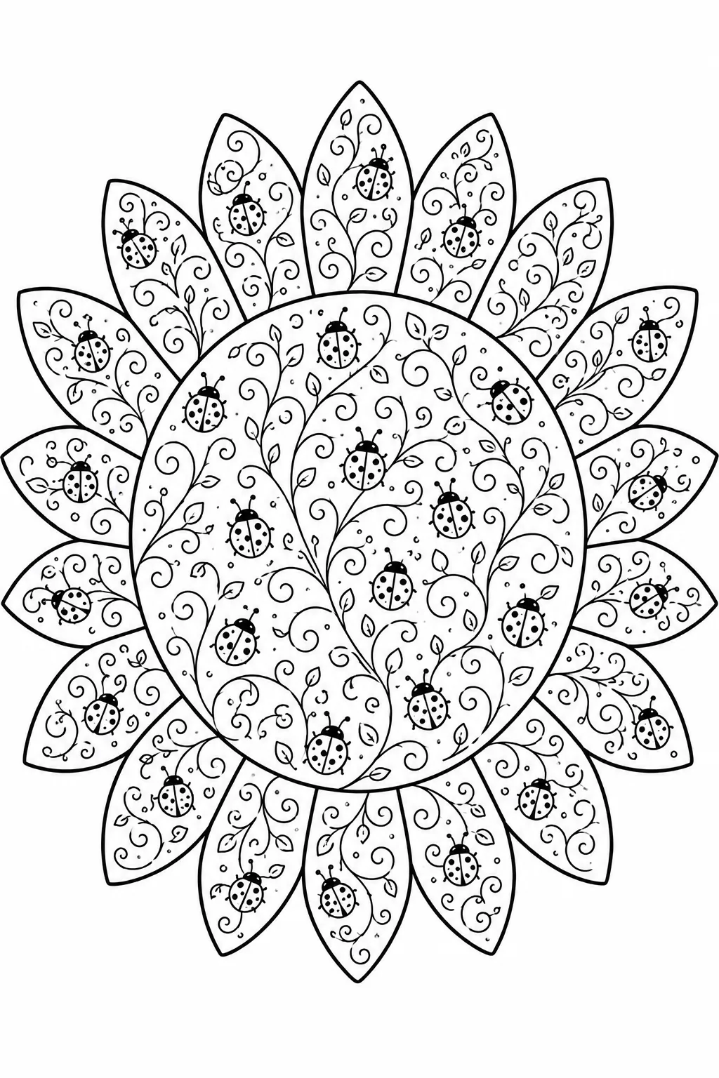 Detailed sunflower line art covered with crawling spotted ladybugs and curly vines.