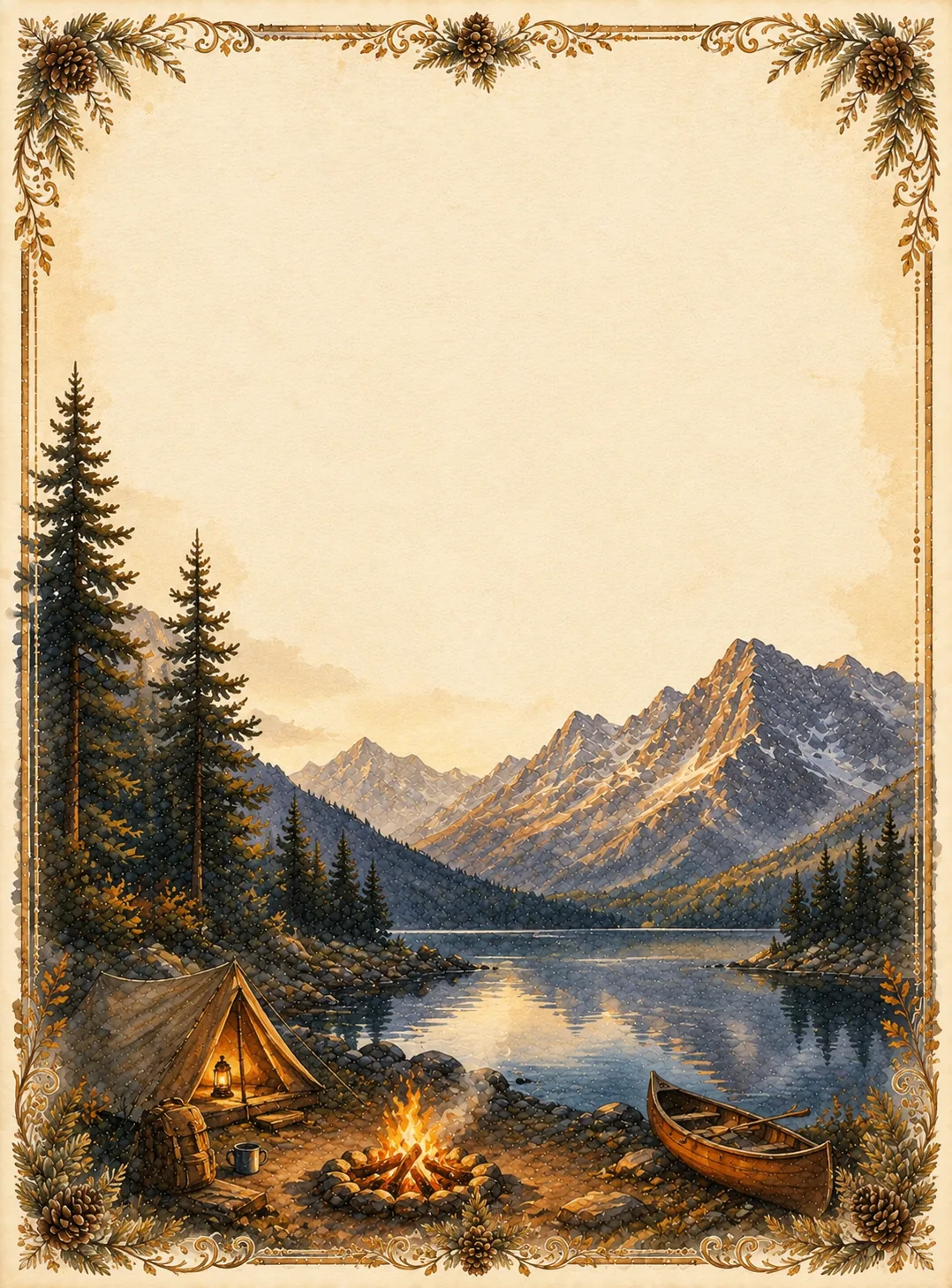 Cozy campsite with bonfire tent and canoe beside a scenic alpine lake.