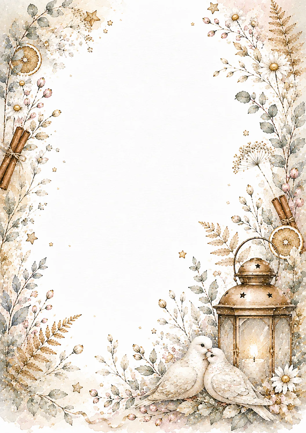 Elegant writing paper with lantern, white doves, flowers and festive botanical border.