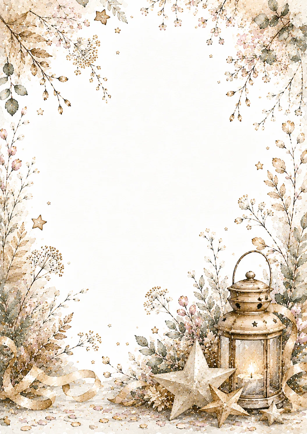 New year writing papers with lantern, flowers, ribbons and sparkling gold stars.