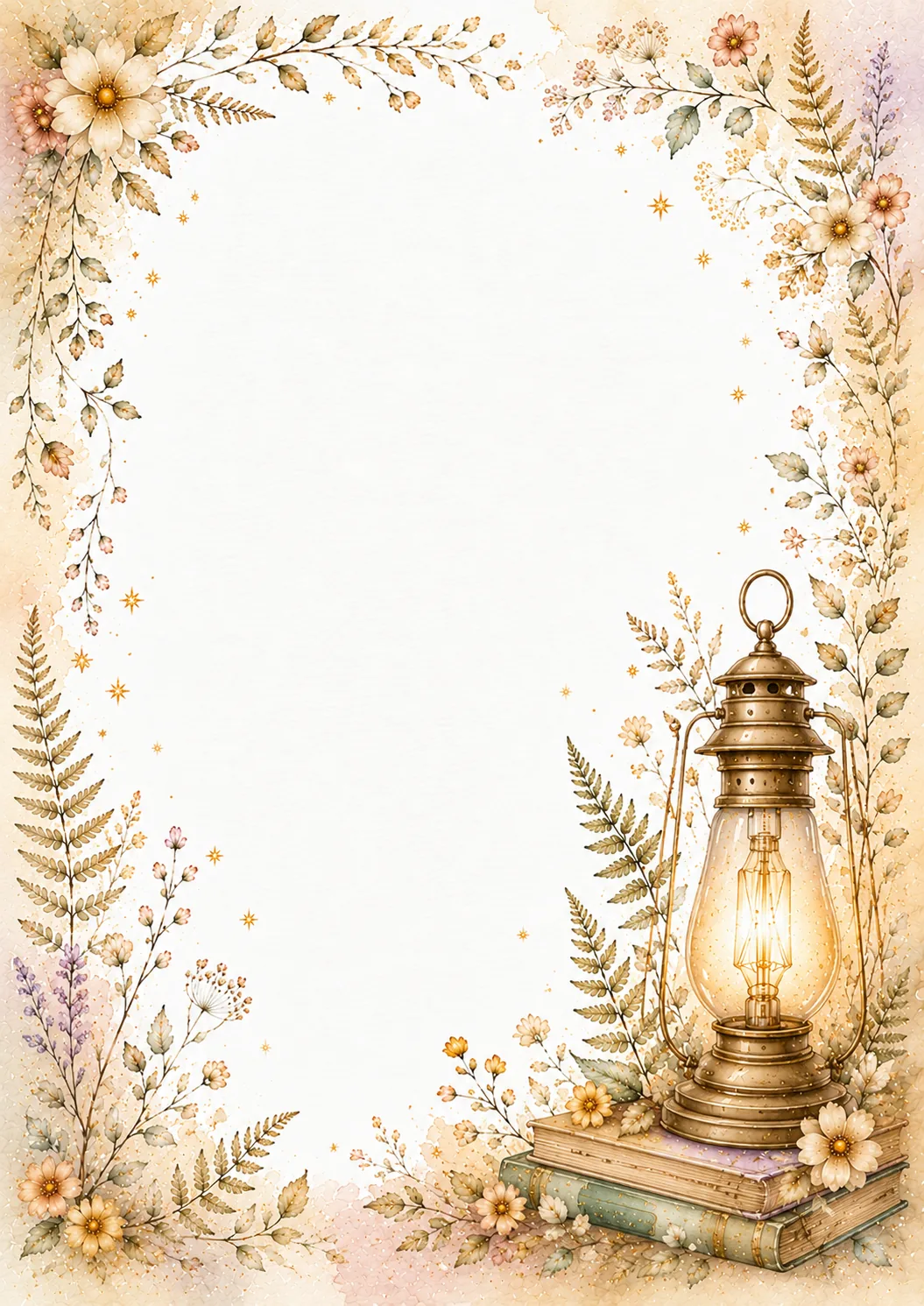 Brass lantern on vintage books surrounded by cream flowers, ferns, and soft watercolor foliage