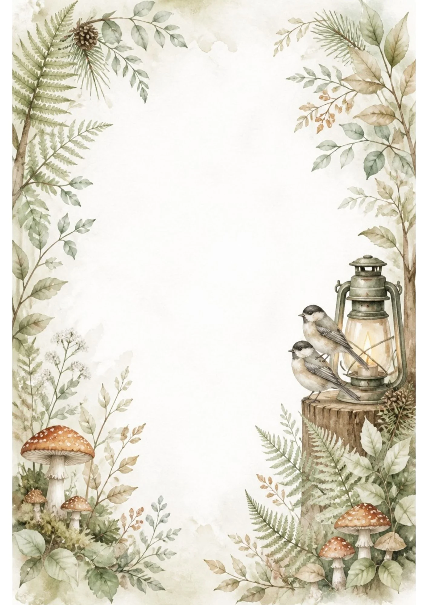Watercolor full-border page with dried ferns and pine cones framing a brass lantern with candles and pinecones on a wood tray