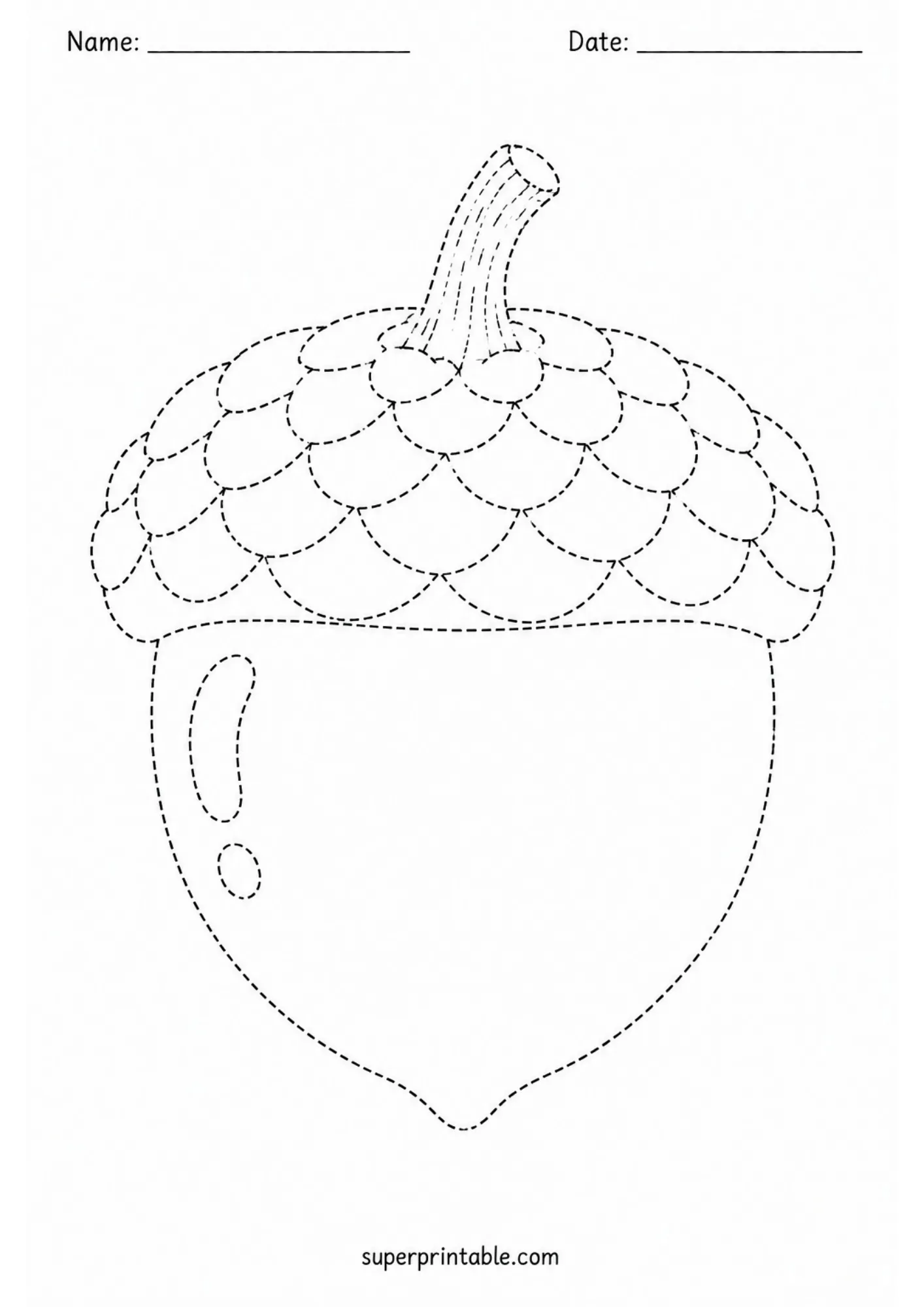 Single large acorn line tracing sheet for autumn fine motor activities.