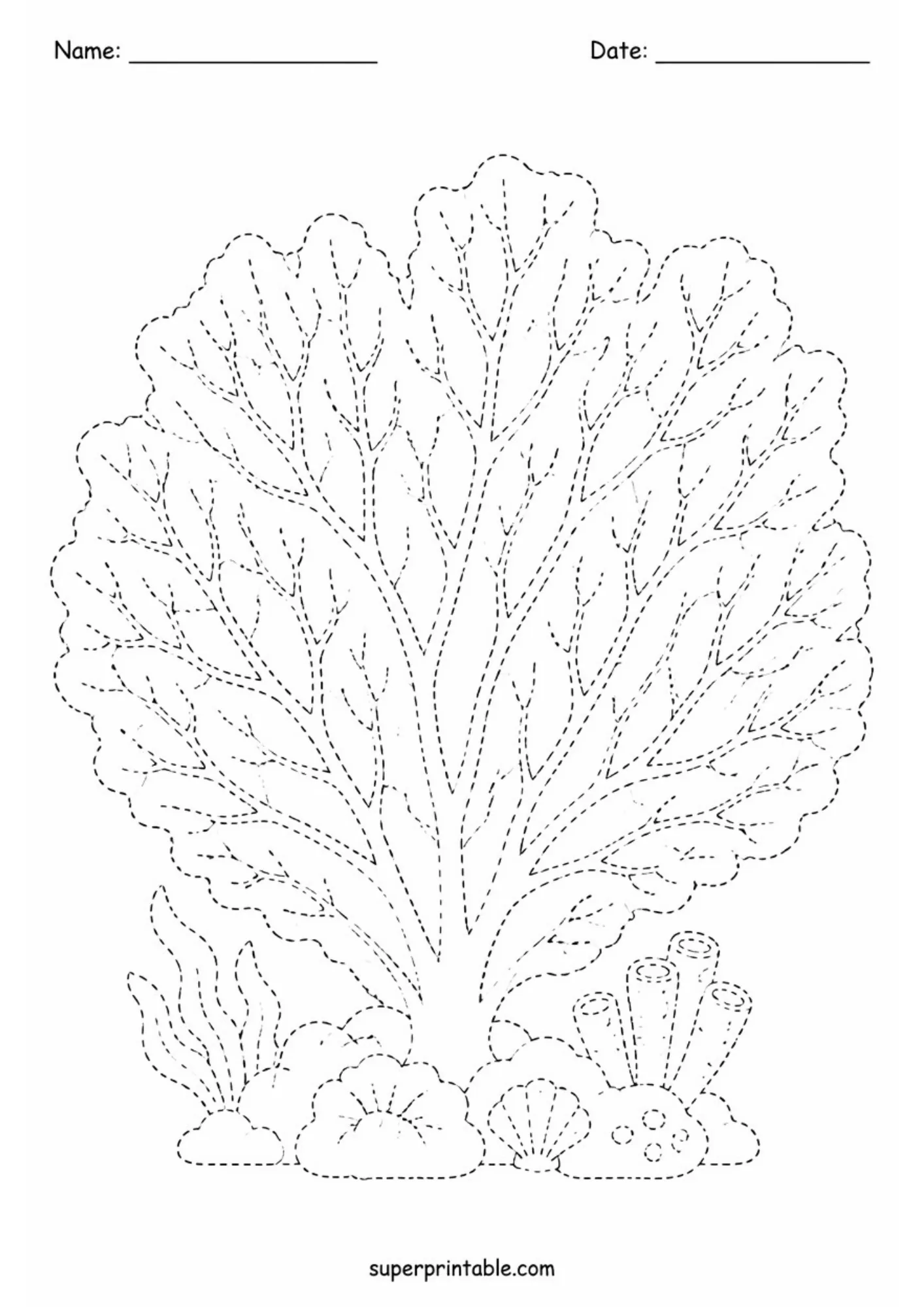 Ocean coral reef activity worksheet with a large sea fan coral and seabed details.