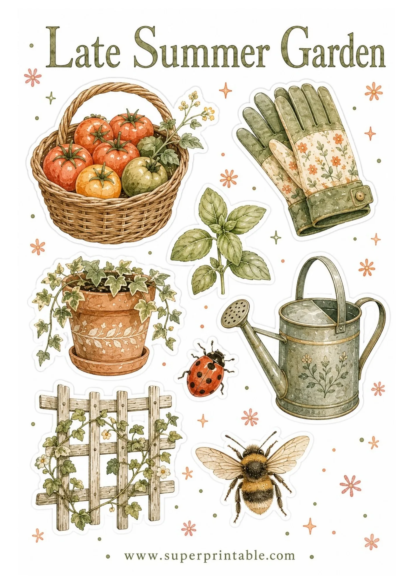 Printable garden sticker sheet featuring watercolor tomato basket, gardening gloves, potted ivy, watering can, trellis, ladybug, and bumblebee.