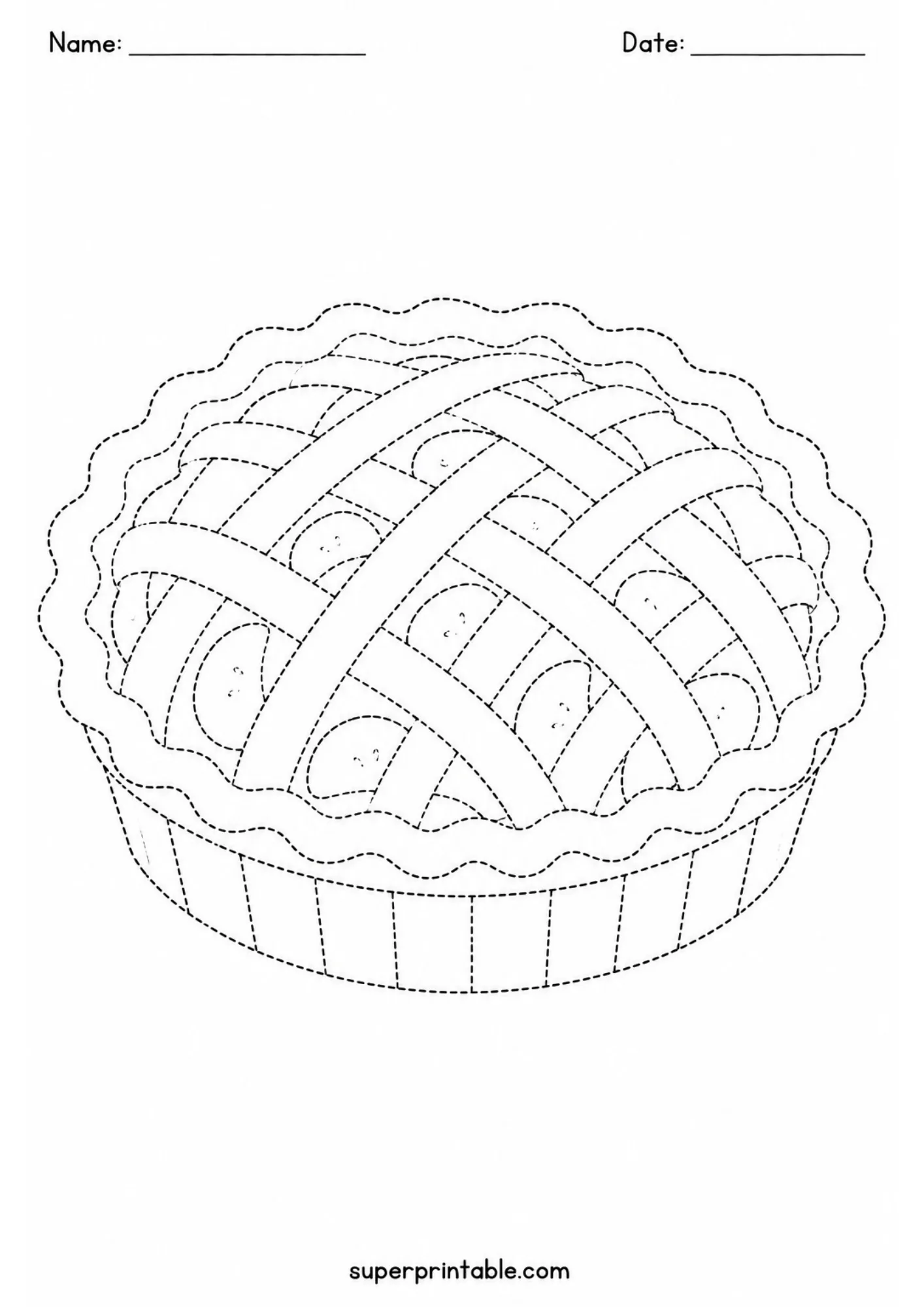 Printable line tracing activity sheet of a freshly baked lattice crust fruit pie in a tin.