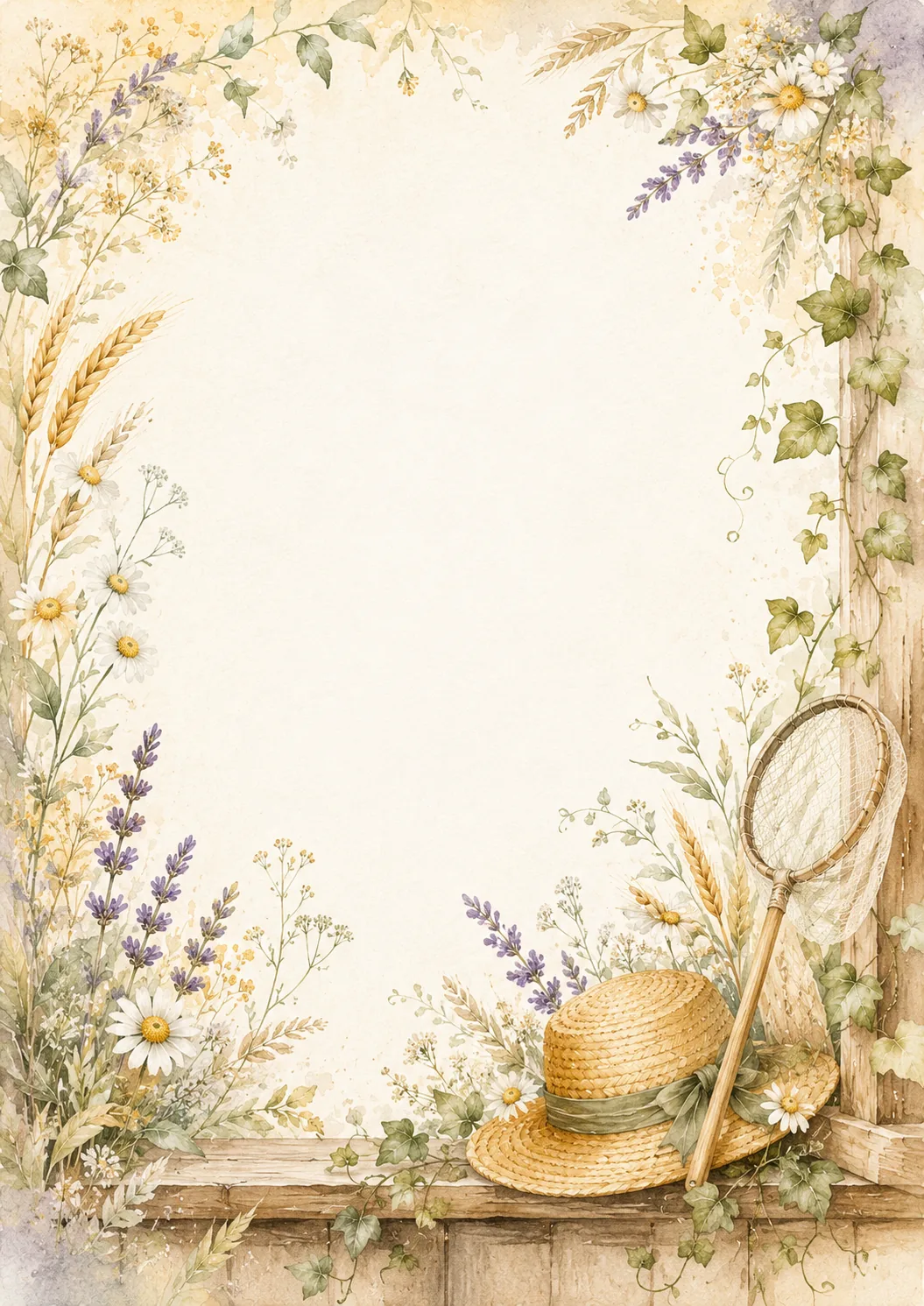Cottage garden border with lavender, daisies, wheat, ivy, straw hat, and vintage butterfly net