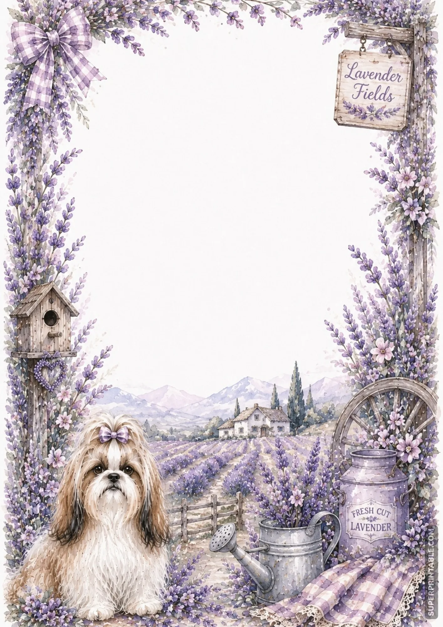shih tzu washed border pages with lavender fields sign watering can and milk jug