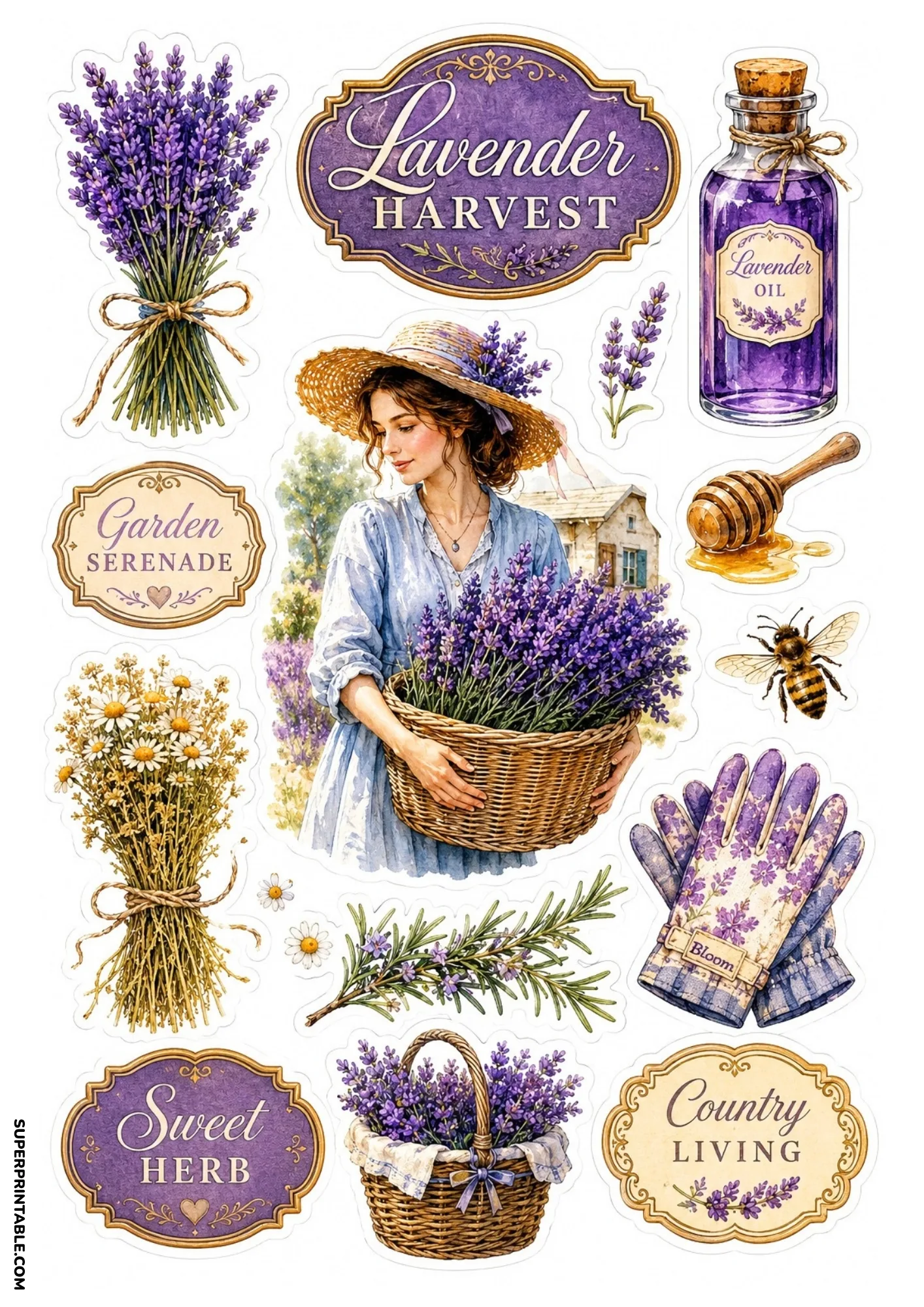 French lavender harvest stickers showing a woman with a lavender basket, essential oil bottle, and gloves.