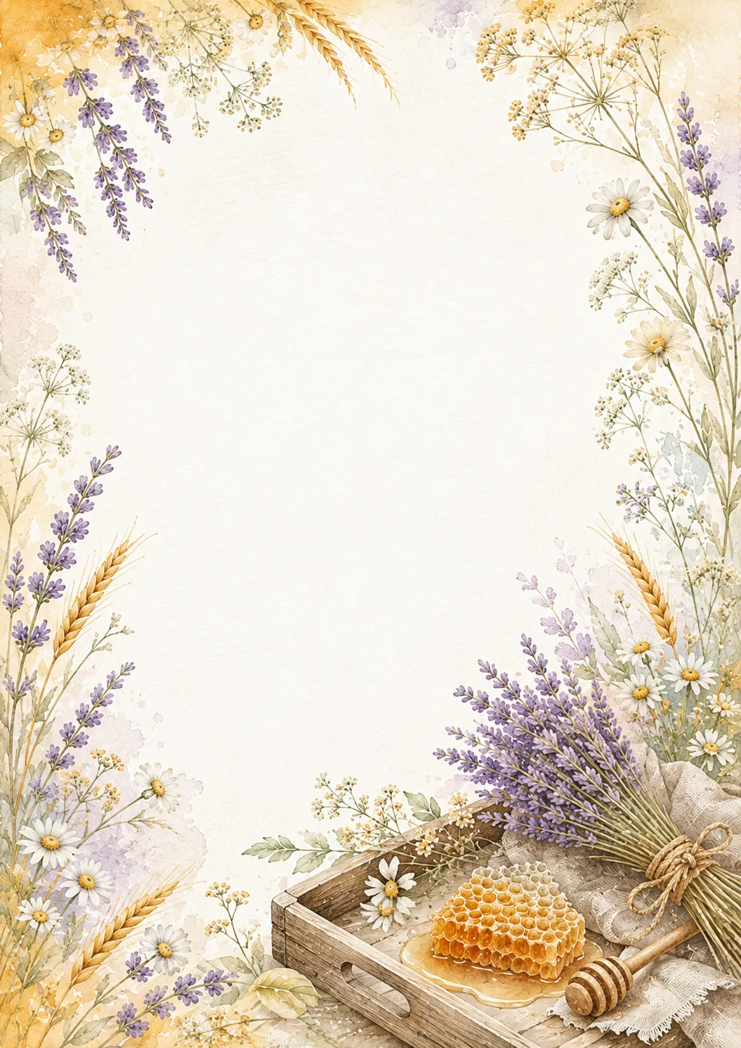 Rustic watercolor border with lavender, daisies, wheat, honeycomb, wooden tray, and honey dipper