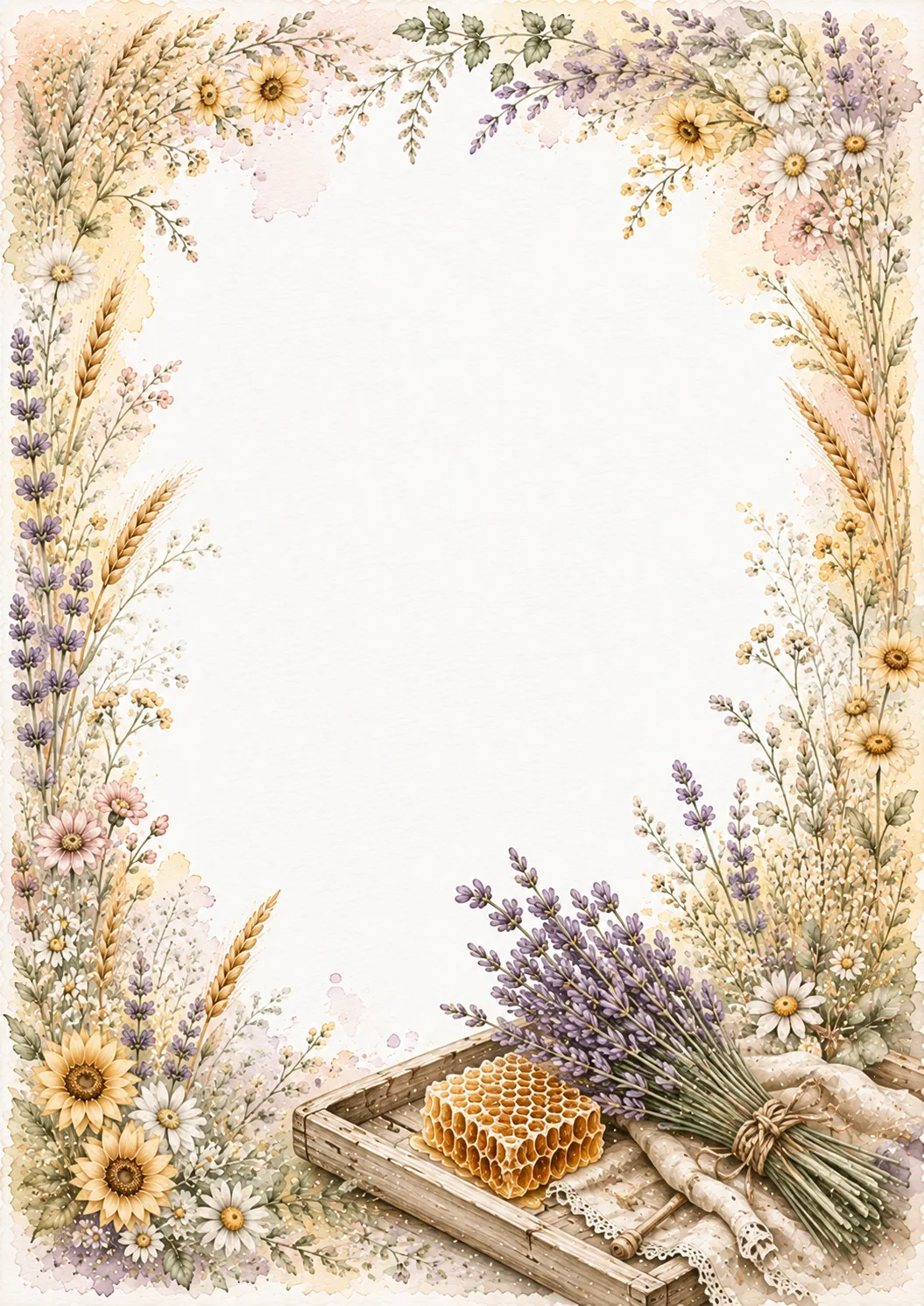 Late summer floral border with lavender bundle, honeycomb, sunflowers, wheat, and daisies