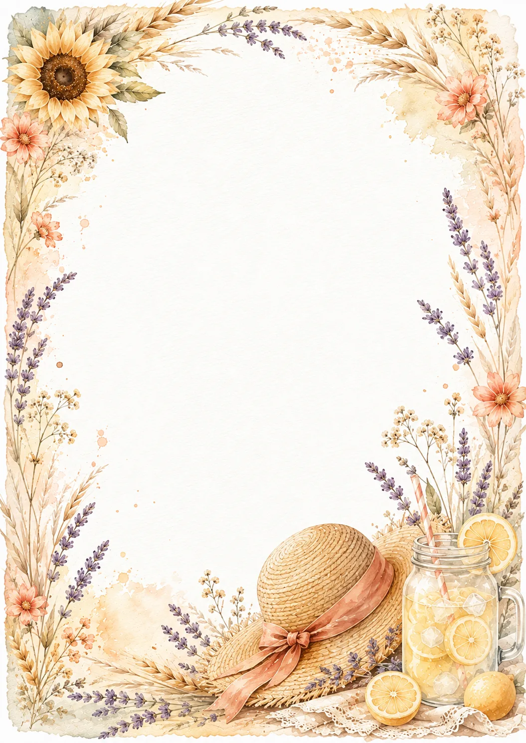 Summer writing border with straw hat, iced lemonade, lavender, wheat, and soft flowers