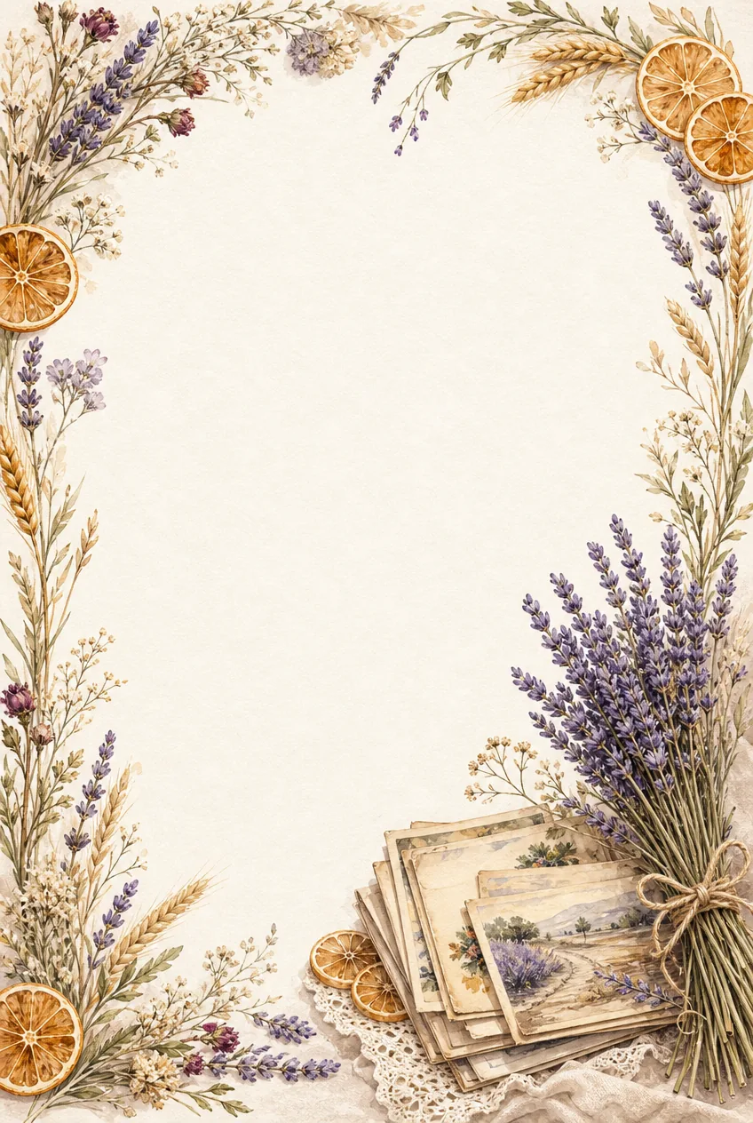 August border pages with lavender, dried oranges, wheat, wildflowers, and vintage postcards