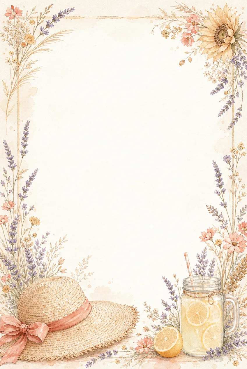 Summer stationery frame with straw hat, lavender, sunflowers, lemons, and a mason jar of lemonade