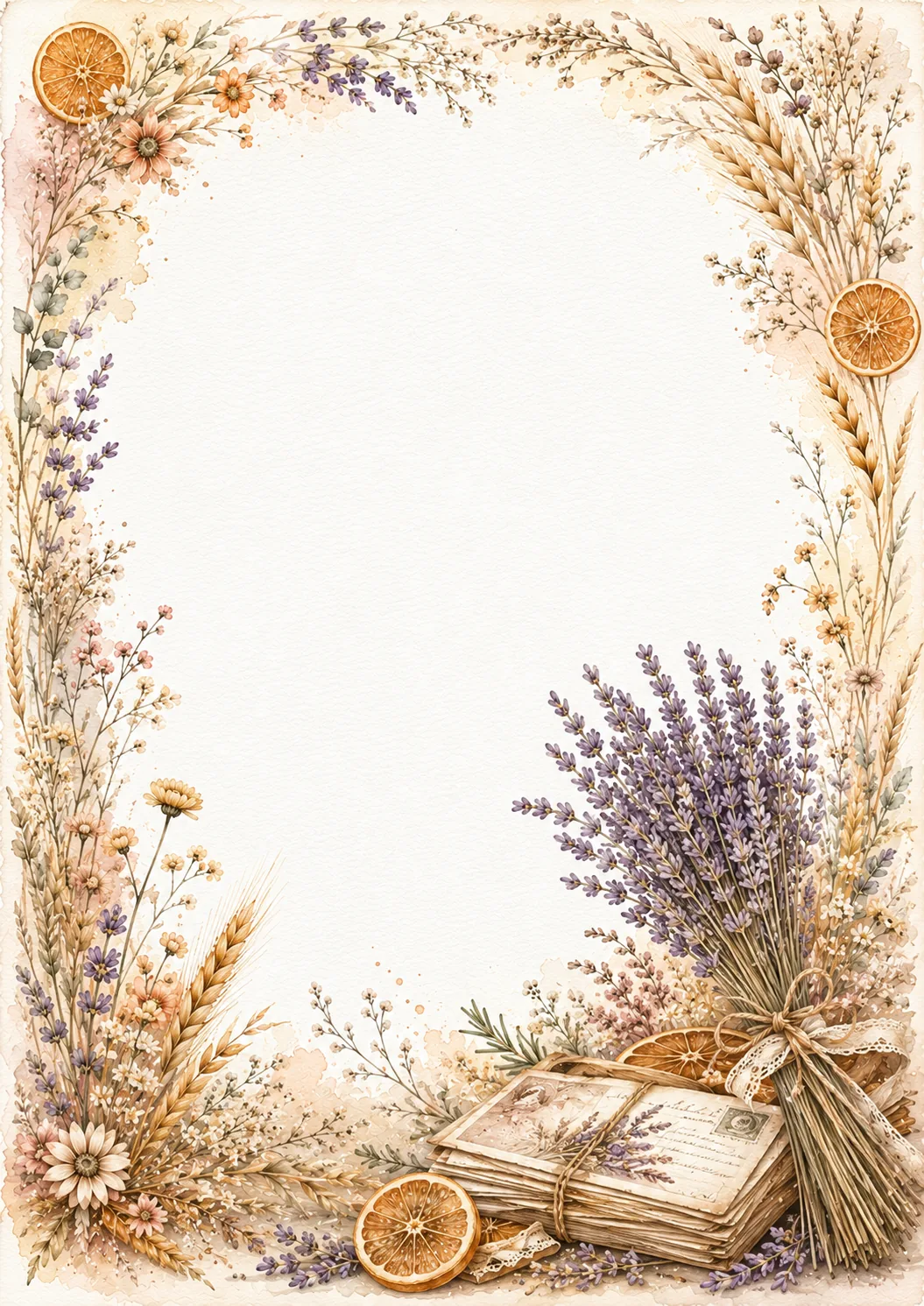 Vintage writing border with lavender bouquet, old letters, dried orange slices, and wheat