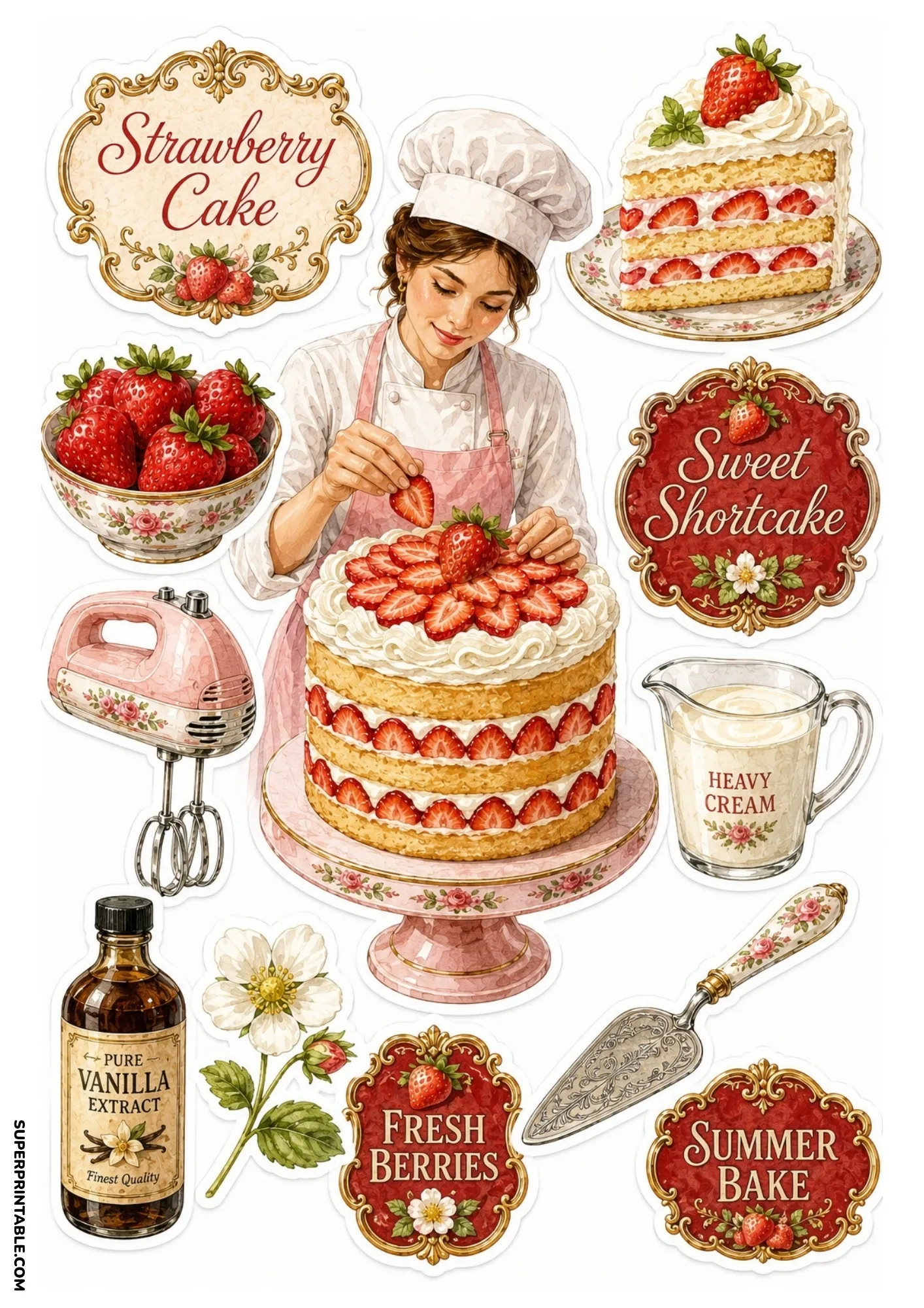 Strawberry cake sticker sheet showing a baker decorating a layered cake with fresh strawberries, pink electric mixer, and vanilla extract.