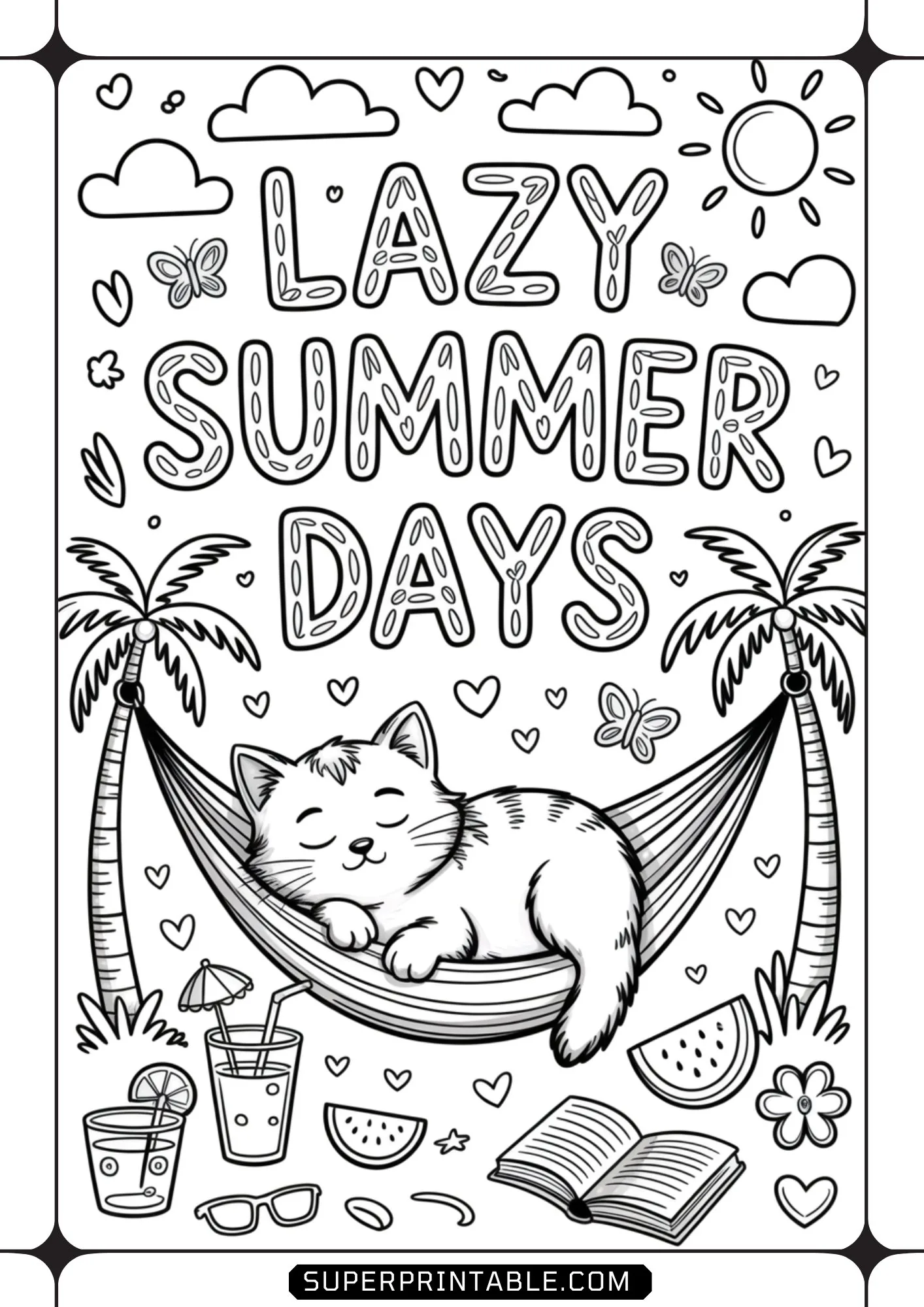 Adorable cat sleeping in a palm tree hammock alongside refreshing iced drinks and watermelon slices.
