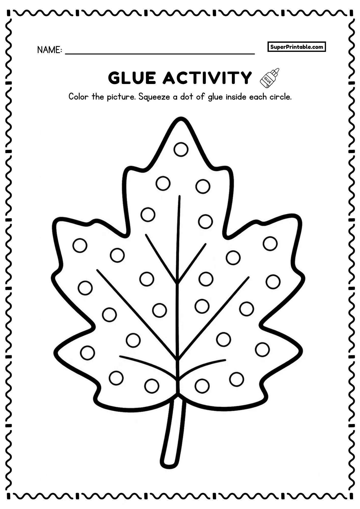 Maple leaf printable glue activity worksheet with visible veins and dot circles for toddlers