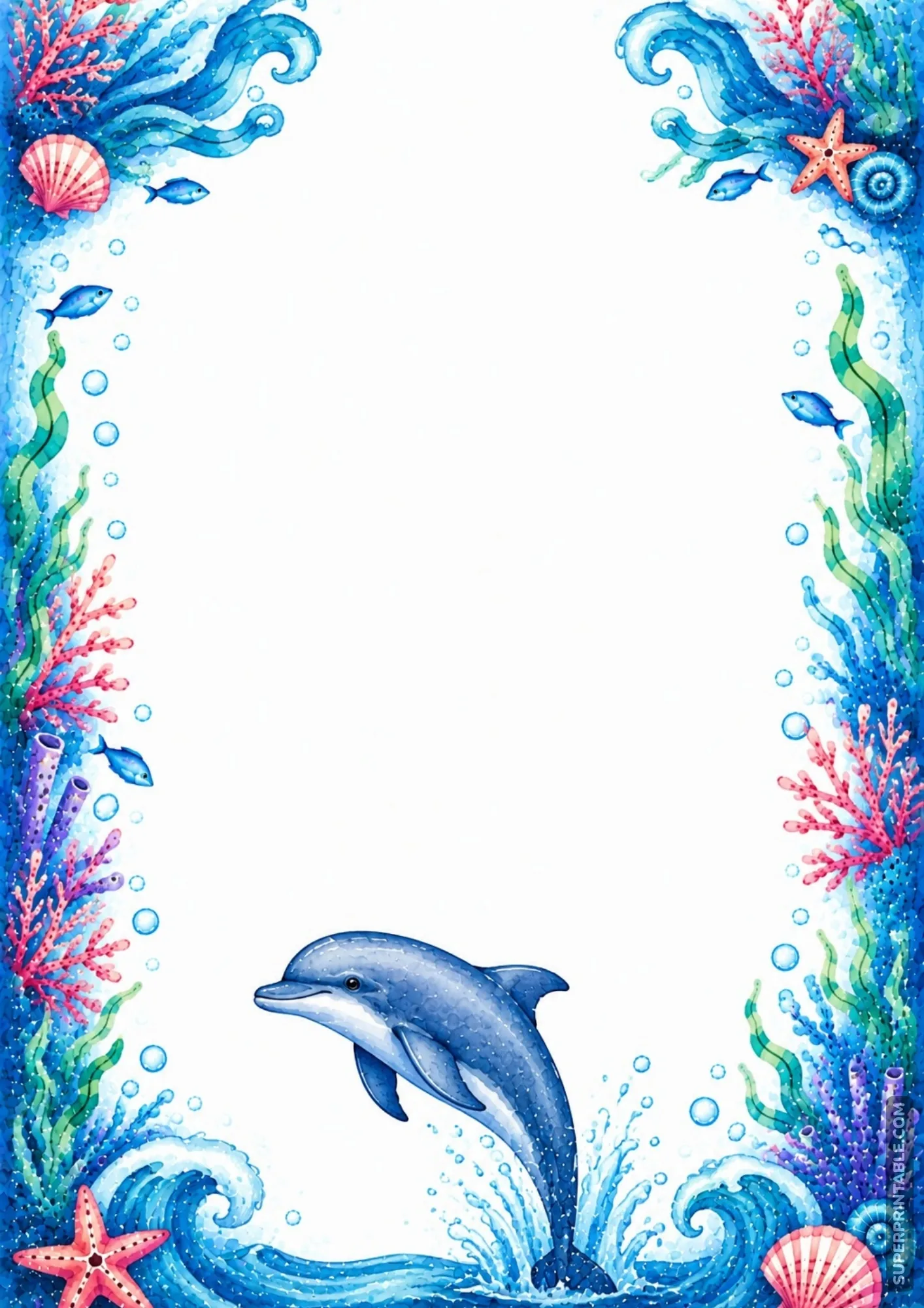 Blue dolphin splashing through sea waves on a decorative coral ocean border.