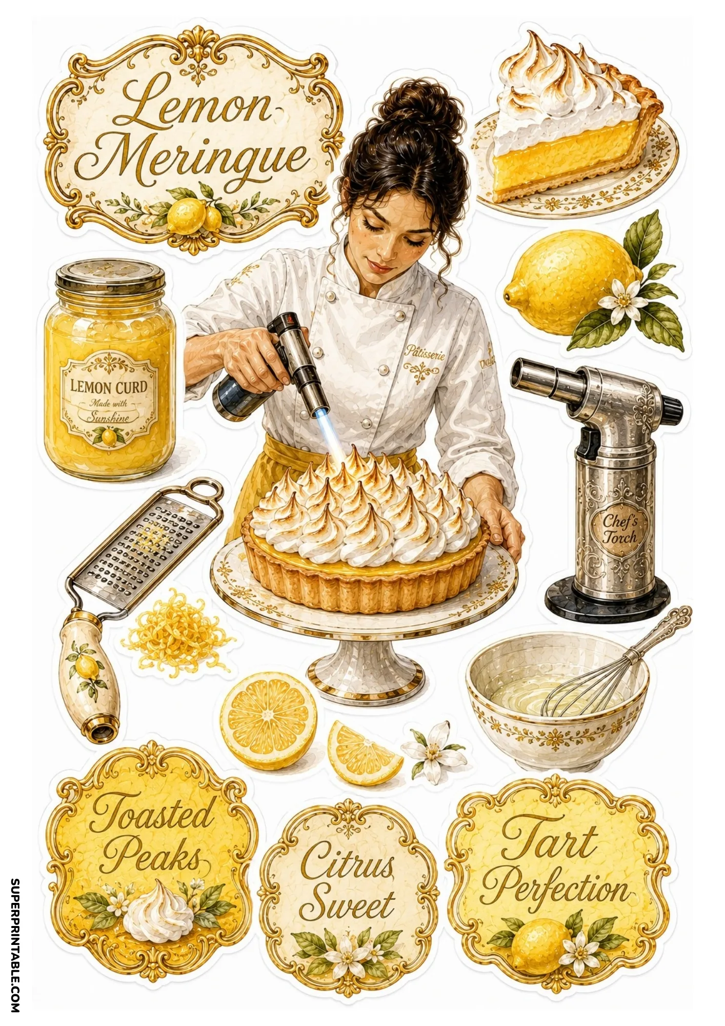 Lemon meringue tart sticker sheet showing a baker torching meringue peaks, lemon curd jar, zester, and yellow labels.