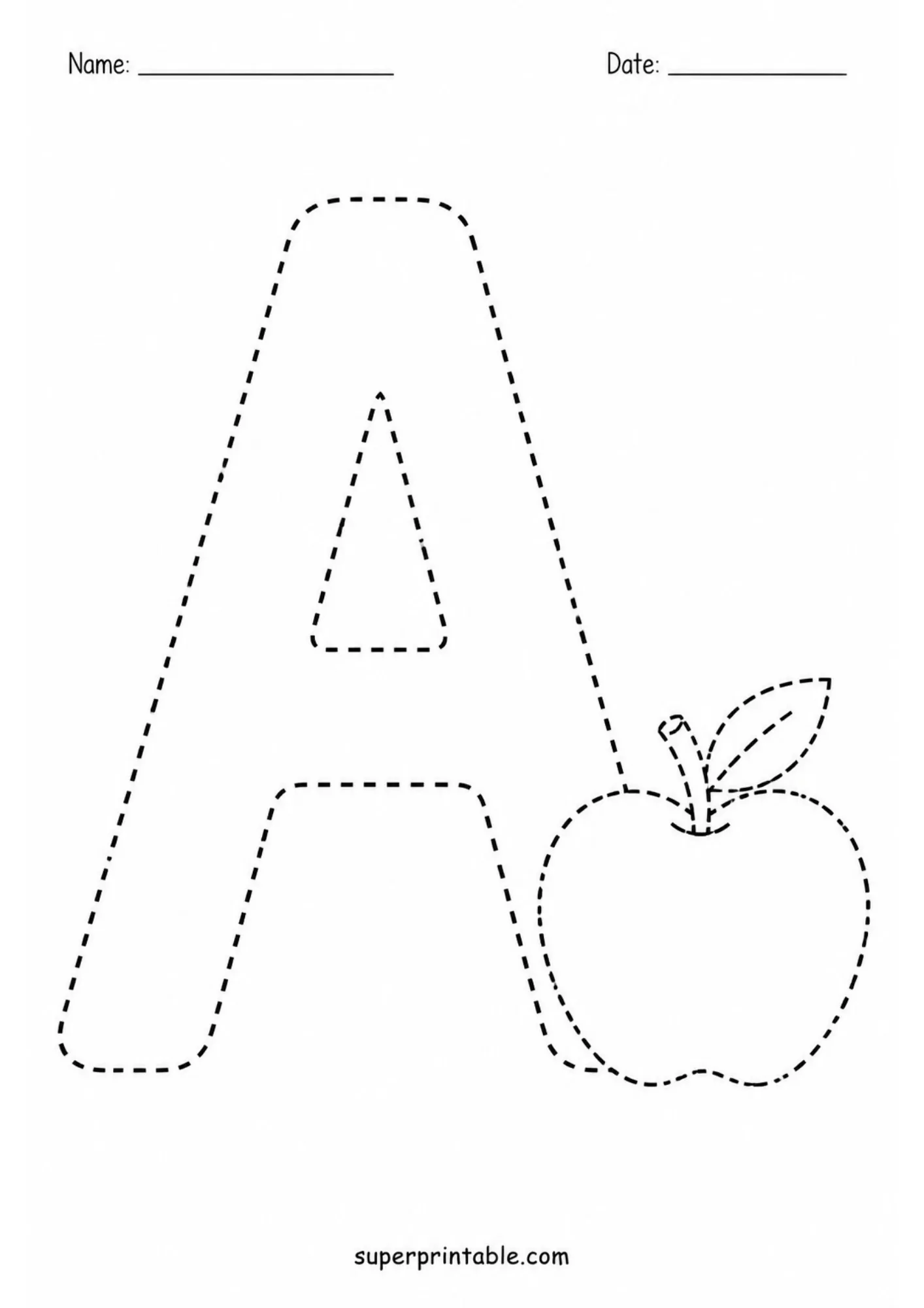 Alphabet tracing worksheets featuring uppercase letter A with a dashed apple outline