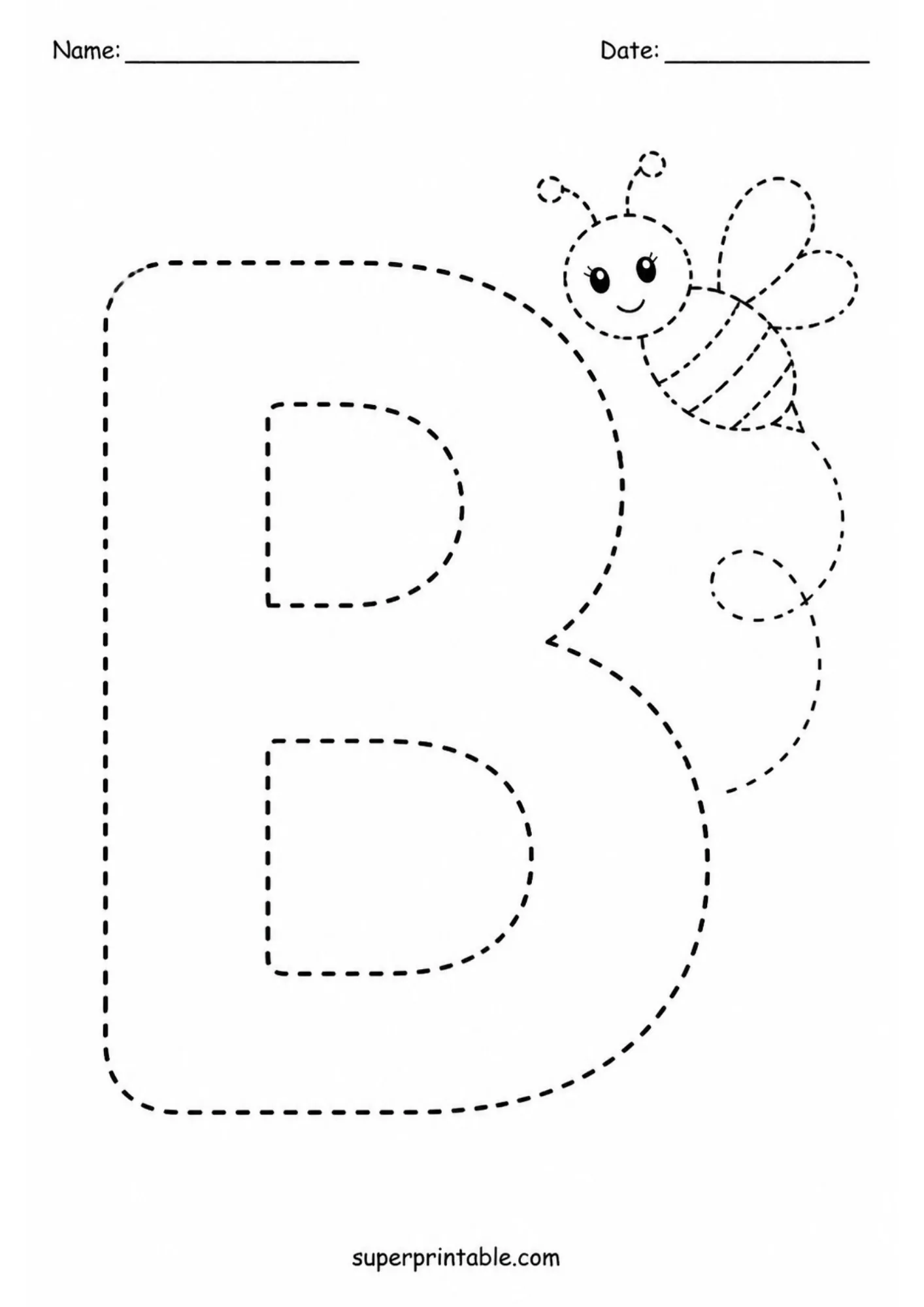 Uppercase letter B tracing worksheet with a cute smiling bee and dashed outlines