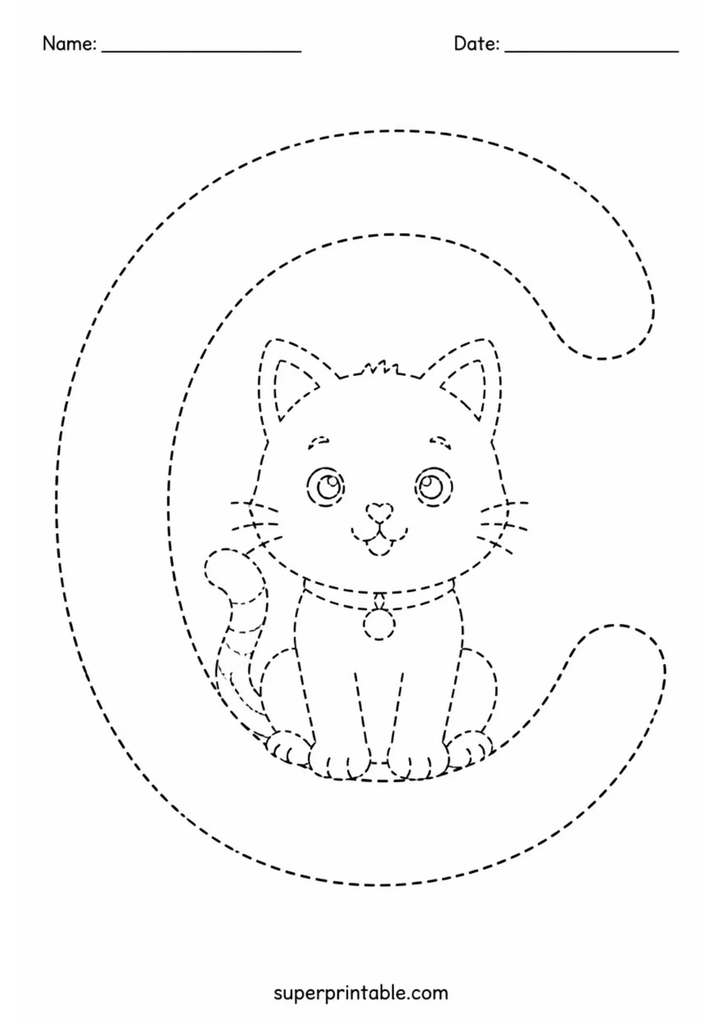 Letter C tracing activity with a cute sitting cat inside the large dashed letter
