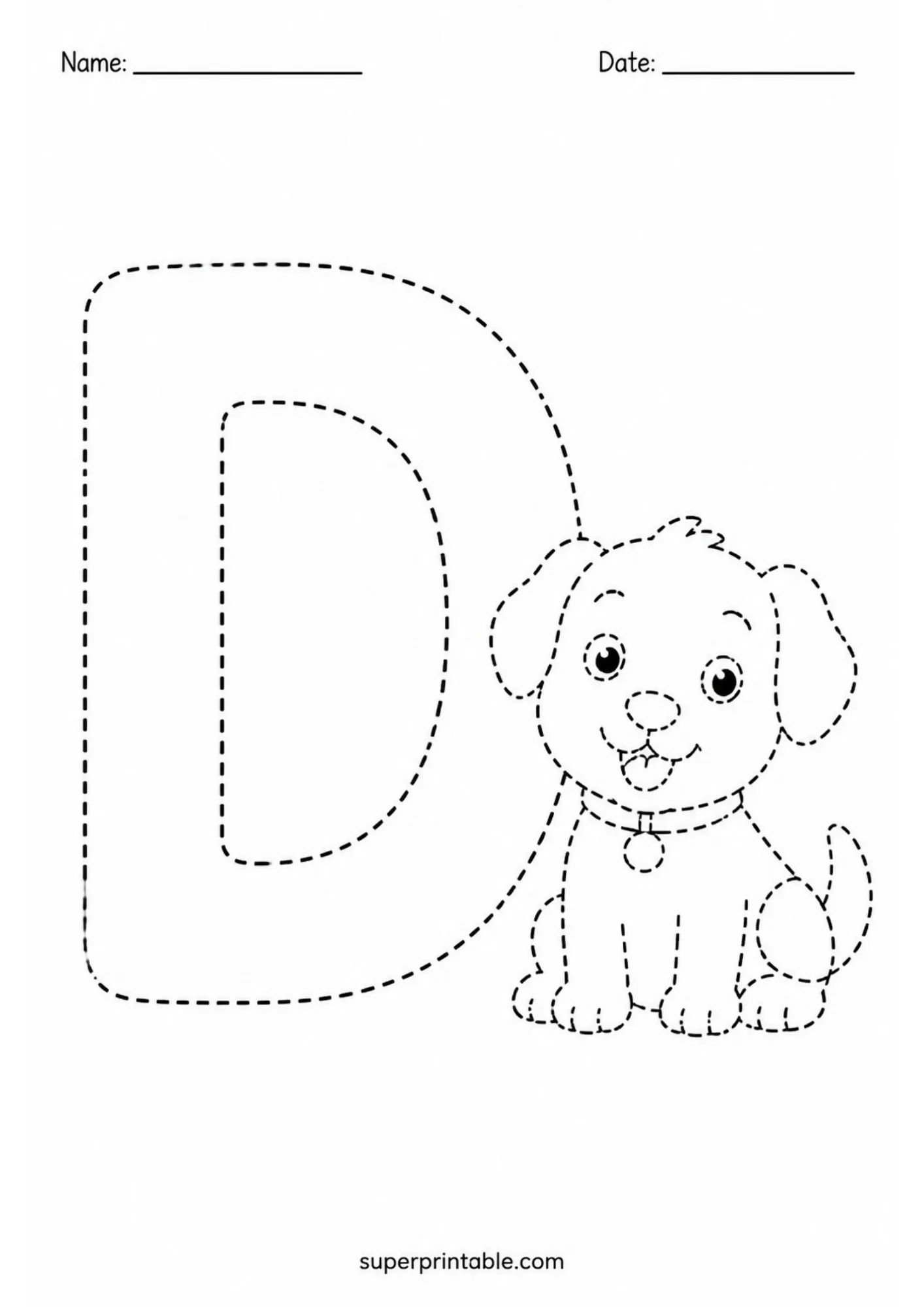 Uppercase letter D tracing page with a smiling puppy beside the dashed letter