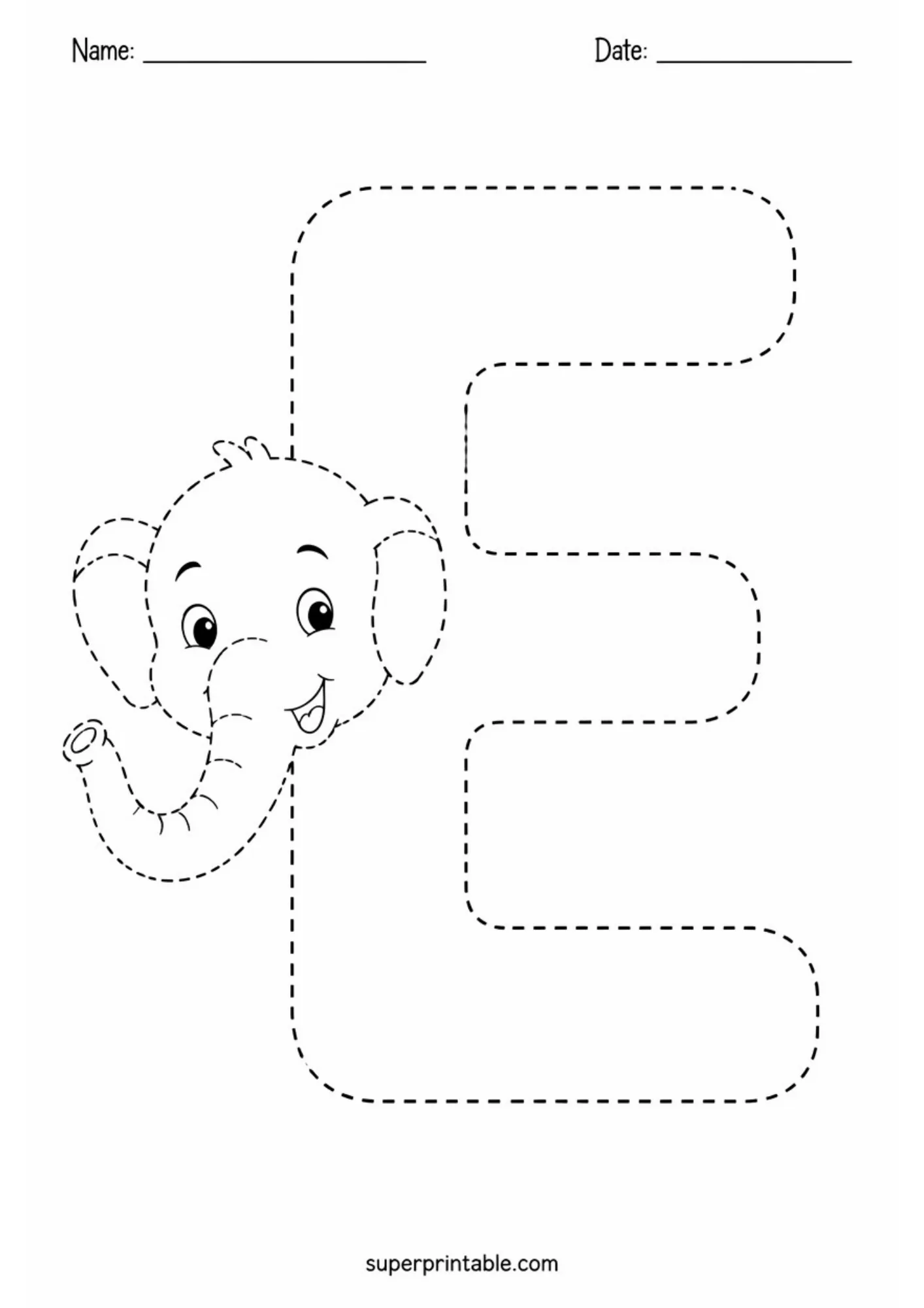 Letter E tracing worksheet featuring a cheerful elephant with a raised trunk