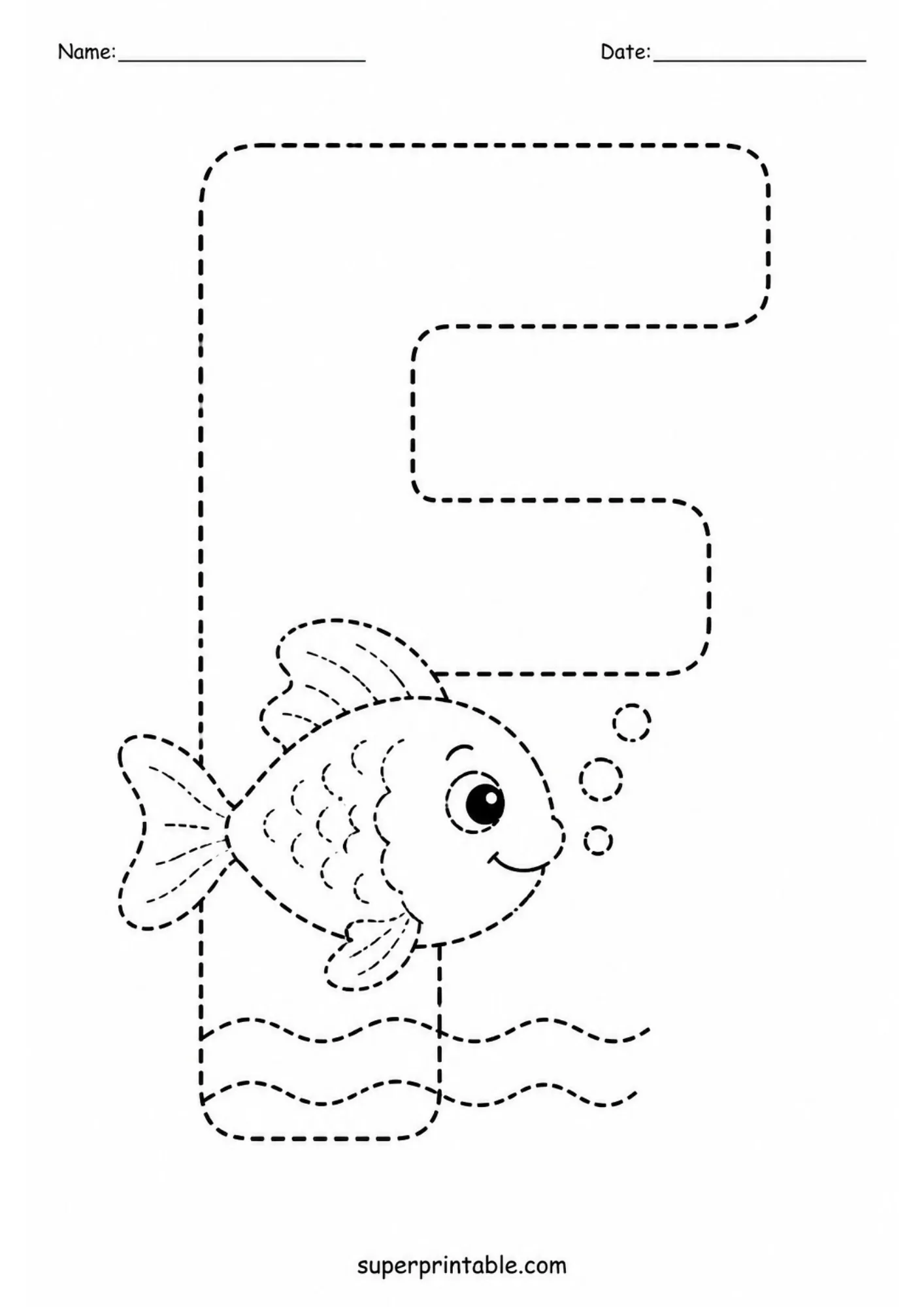 Uppercase letter F tracing activity with a smiling fish, bubbles, and water lines