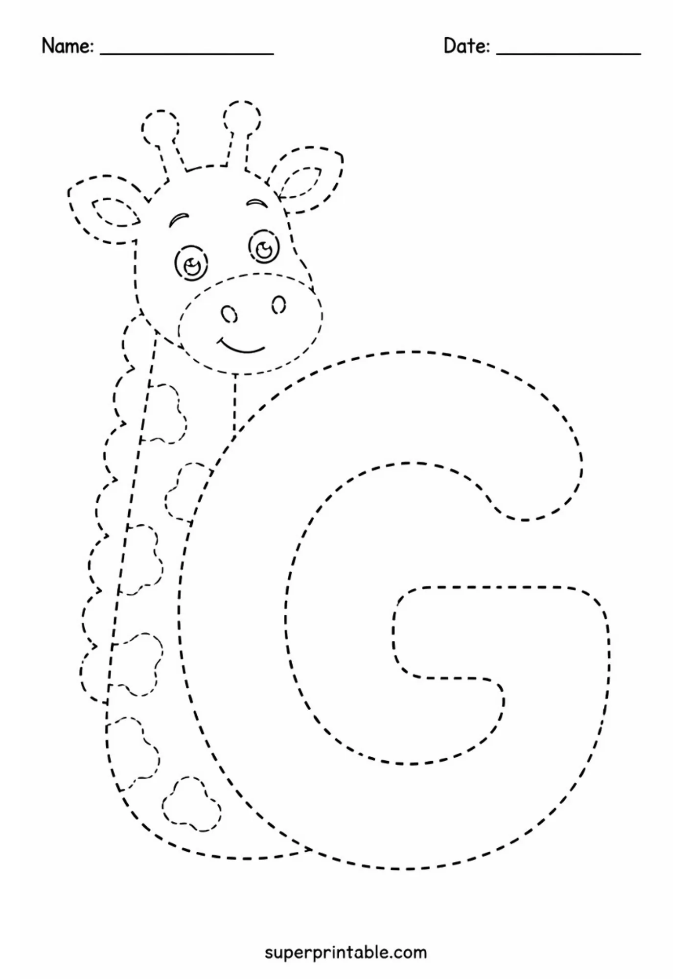 Letter G tracing page with a tall smiling giraffe beside the large dashed letter